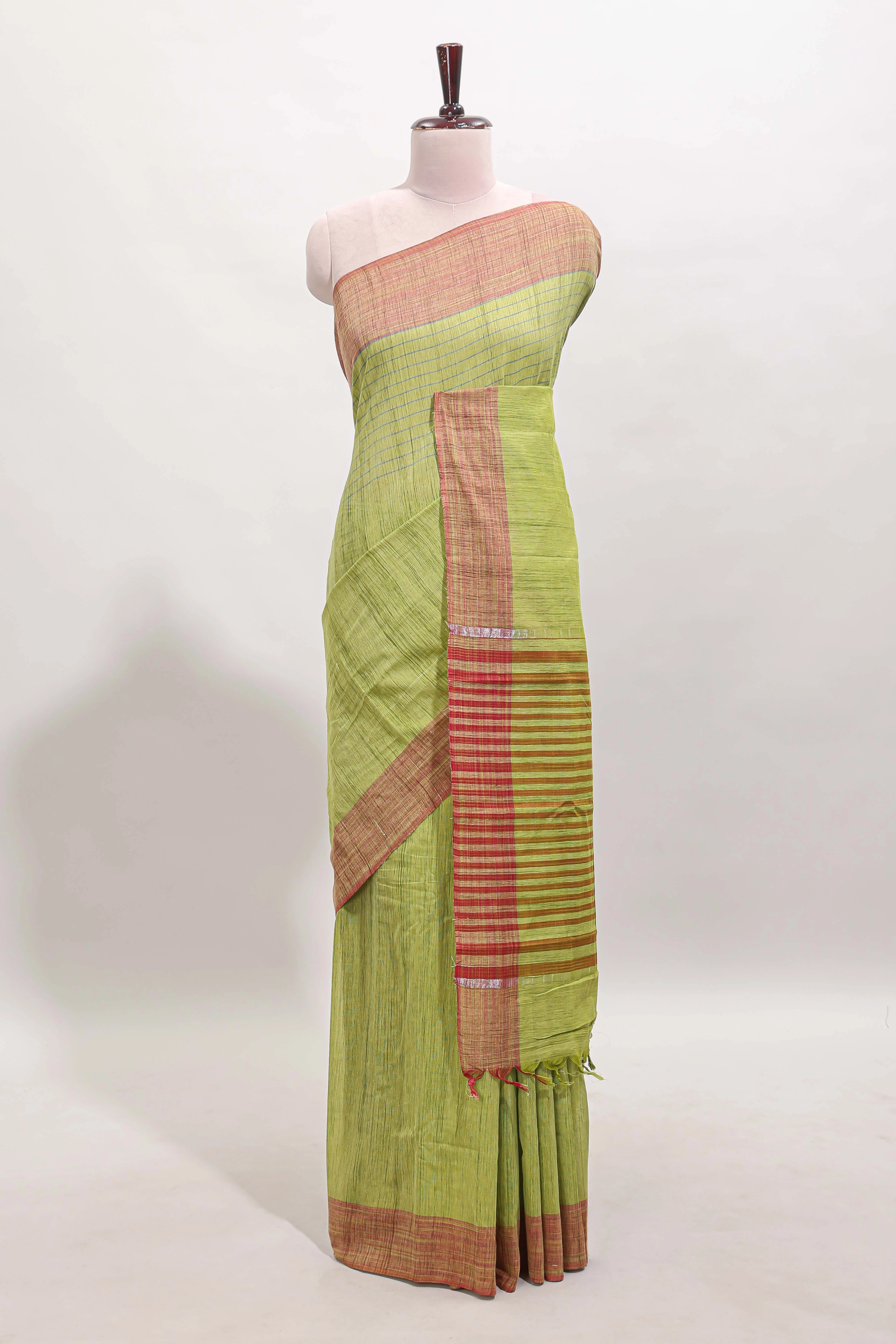 Green striped mangalagiri cotton saree with contrast border and striped pallu with blouse - Image 2