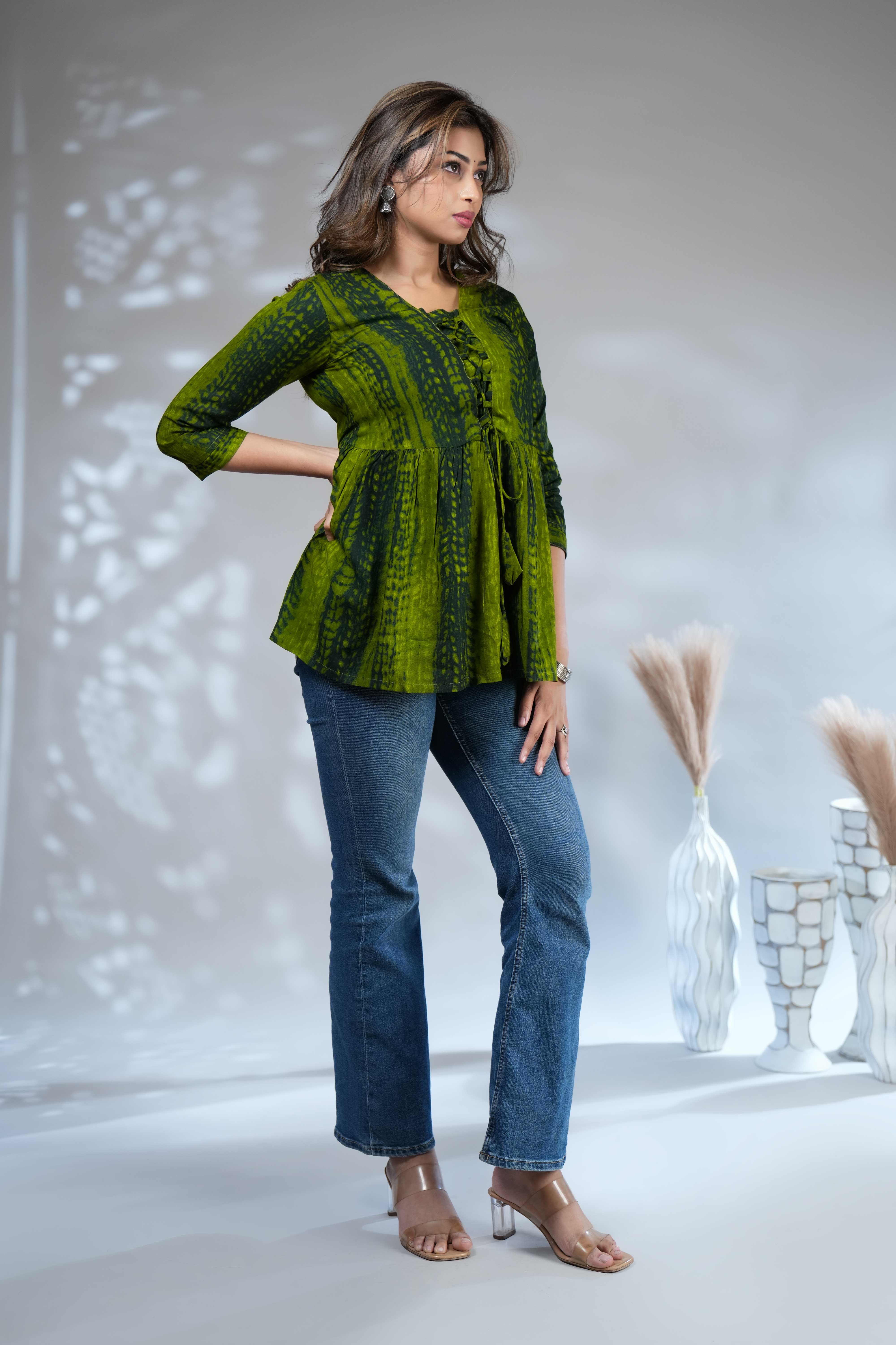 Forest Green Shibori Tie-Dye Print Short Kurti with Vertical Stripes, 3/4 Sleeves & Tassel Tie-Up Neck - Image 3
