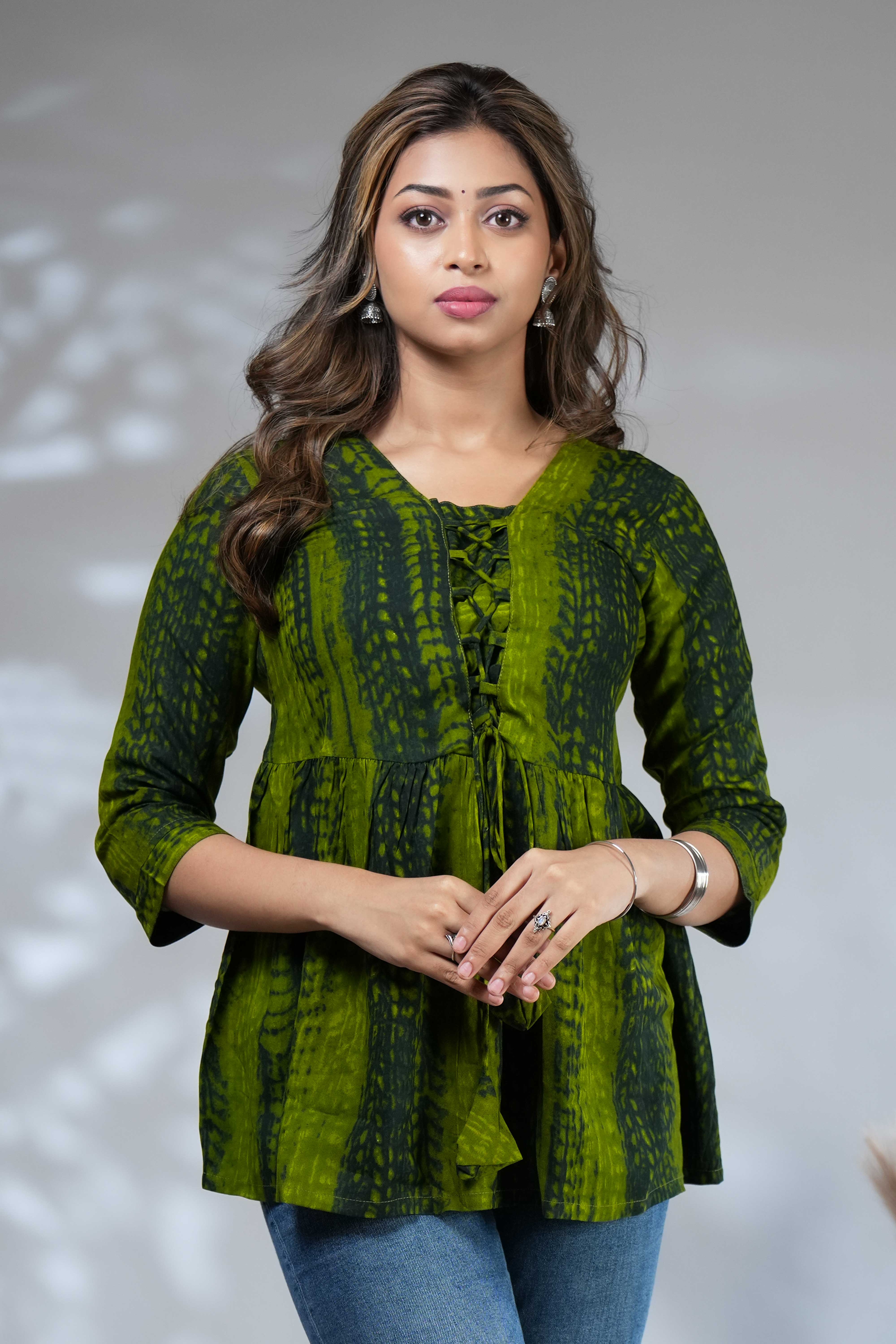 Forest Green Shibori Tie-Dye Print Short Kurti with Vertical Stripes, 3/4 Sleeves & Tassel Tie-Up Neck - Image 4