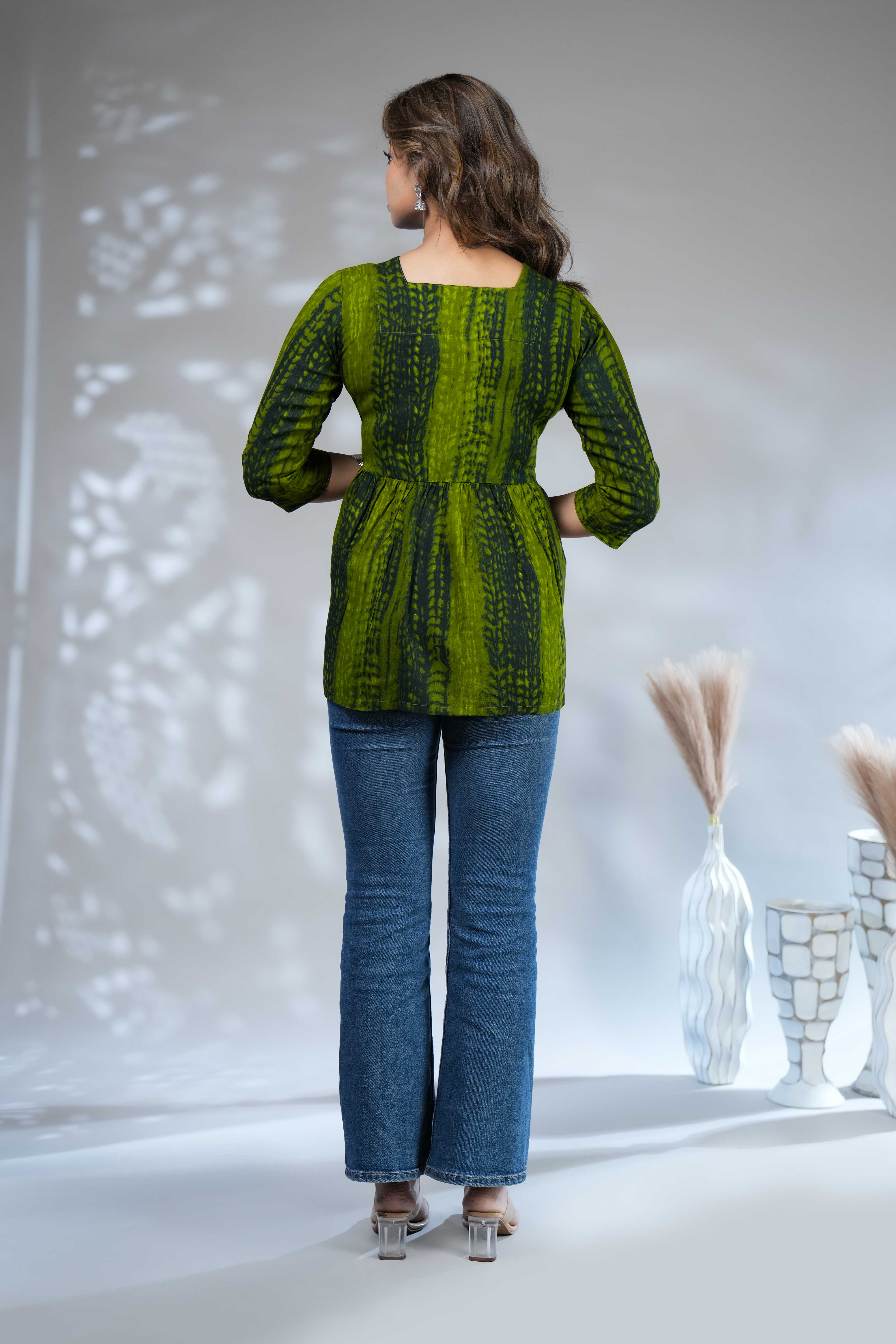 Forest Green Shibori Tie-Dye Print Short Kurti with Vertical Stripes, 3/4 Sleeves & Tassel Tie-Up Neck - Image 5