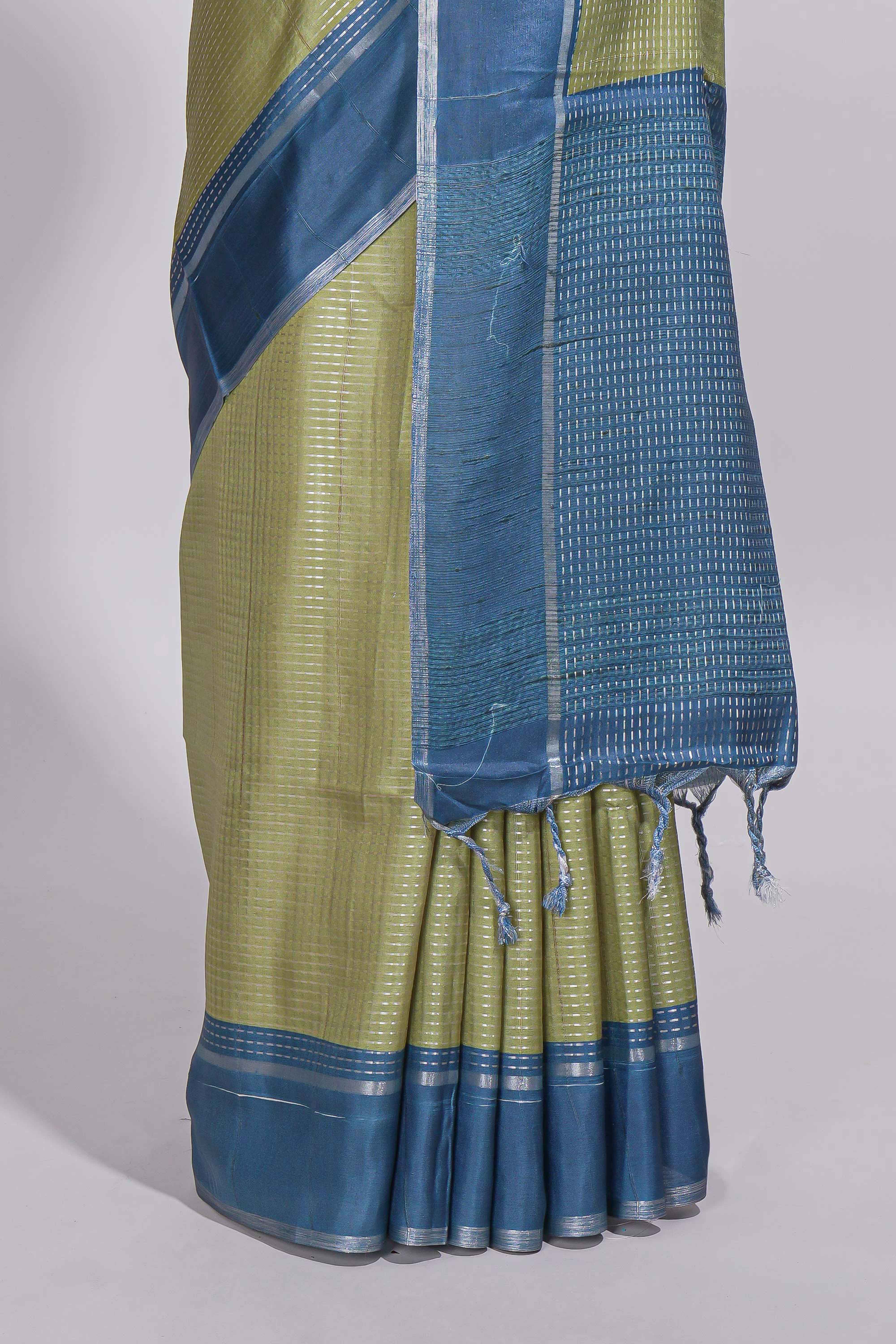 Green tussar saree with woven checks by rich blue border and matching zari woven pallu with contrast blouse piece - Image 4