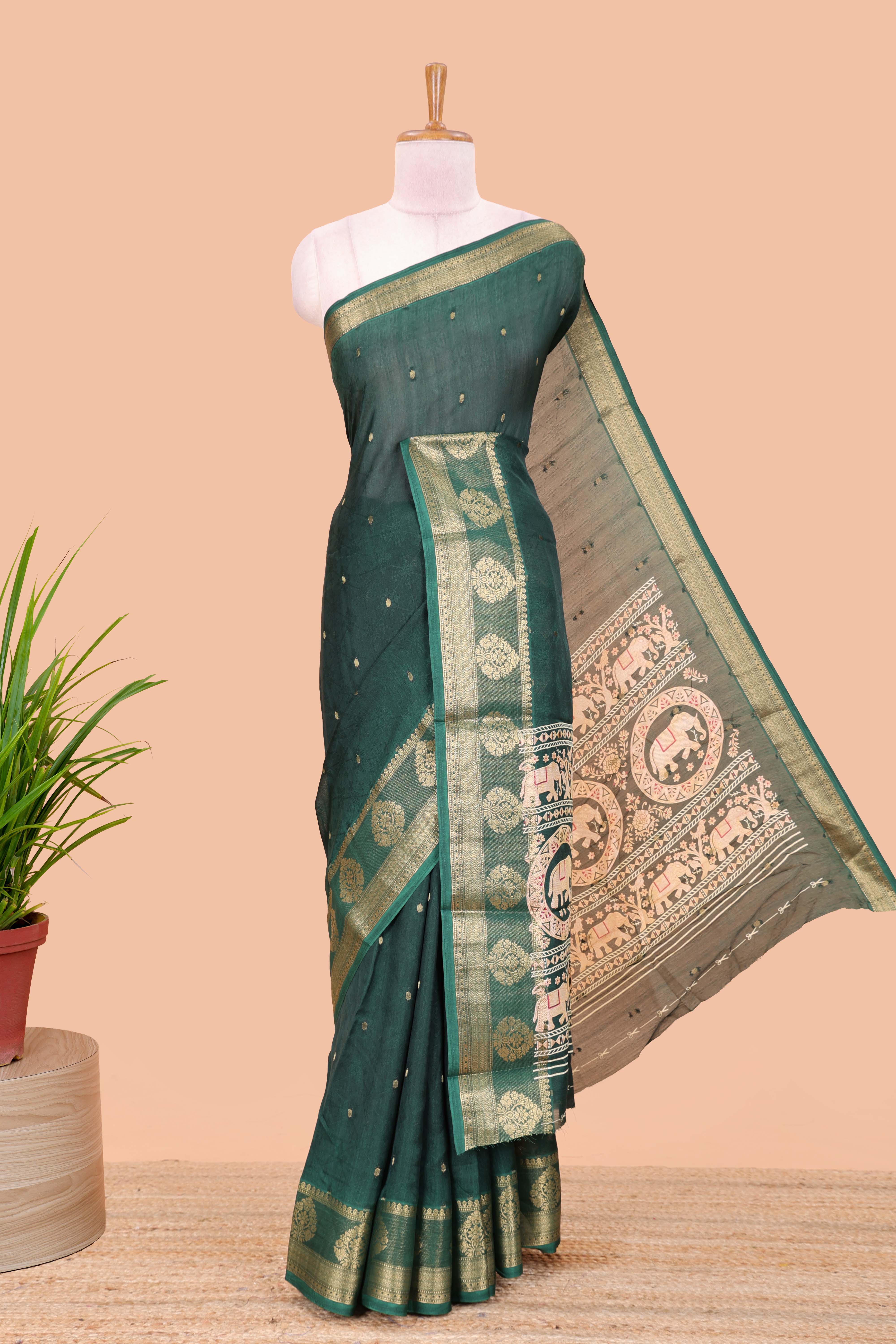 Green viscose dola silk saree with all-over zari butta, elephant motif pallu & contrast blouse - Image 2