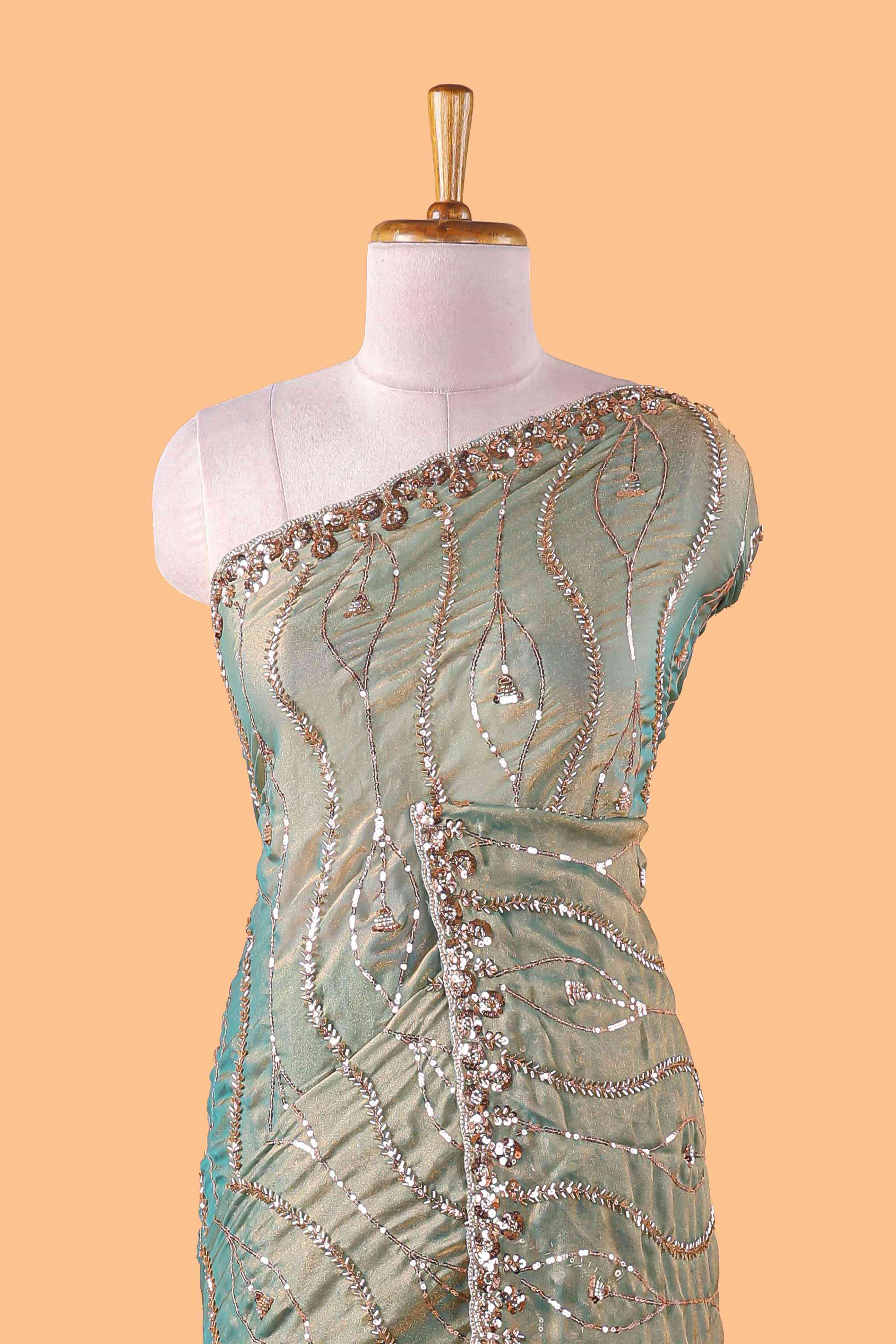 Green wave pattern chamki work all over body designer saree with scallop design border matching blouse - Image 6