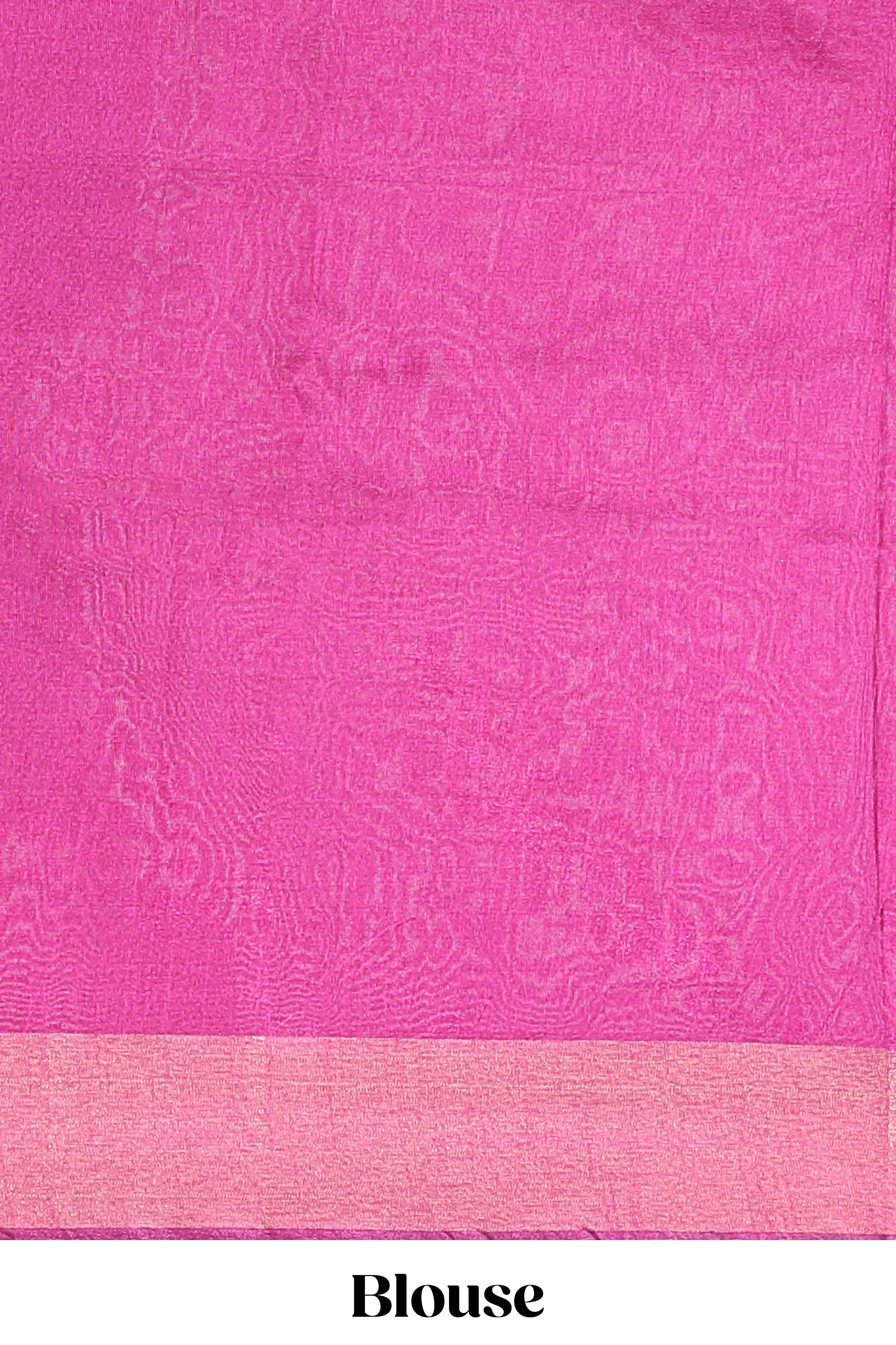 Green zari deer motifs tussar saree with self zari border contrast printed pallu and blouse - Image 5