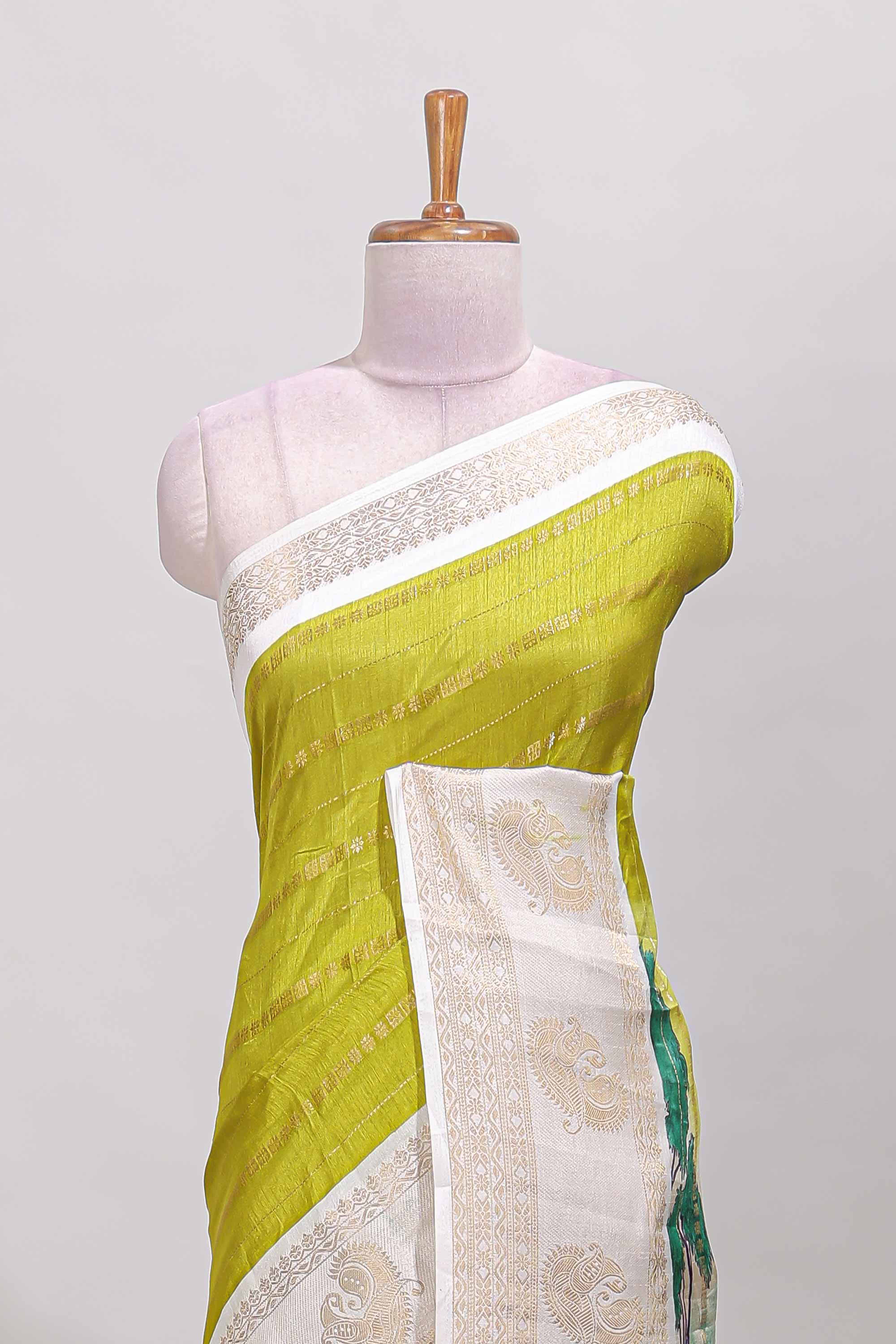 Green zari striped dola silk saree with contrast zari border and printed pallu - Image 3
