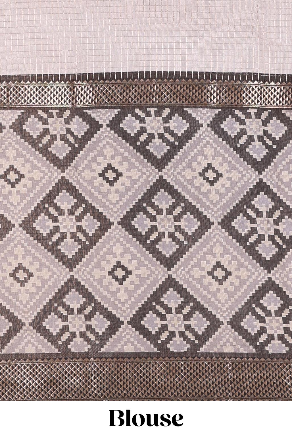 Grey checked chanderi cotton saree with floral design, contrast geomentric zari border - Image 5