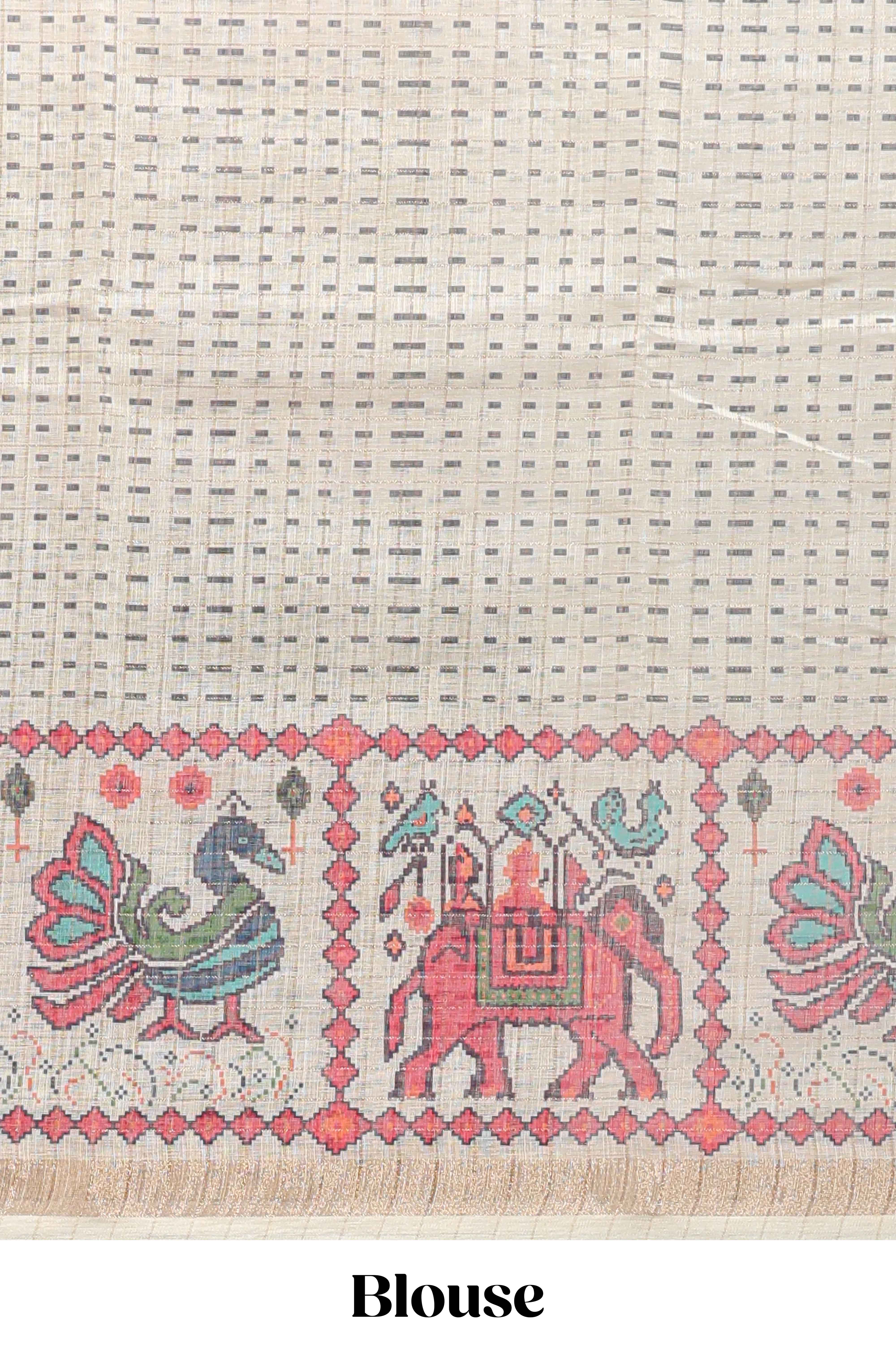 Grey checked geometric motifs linen cotton saree with contrast ikkat style border and blouse - Image 5