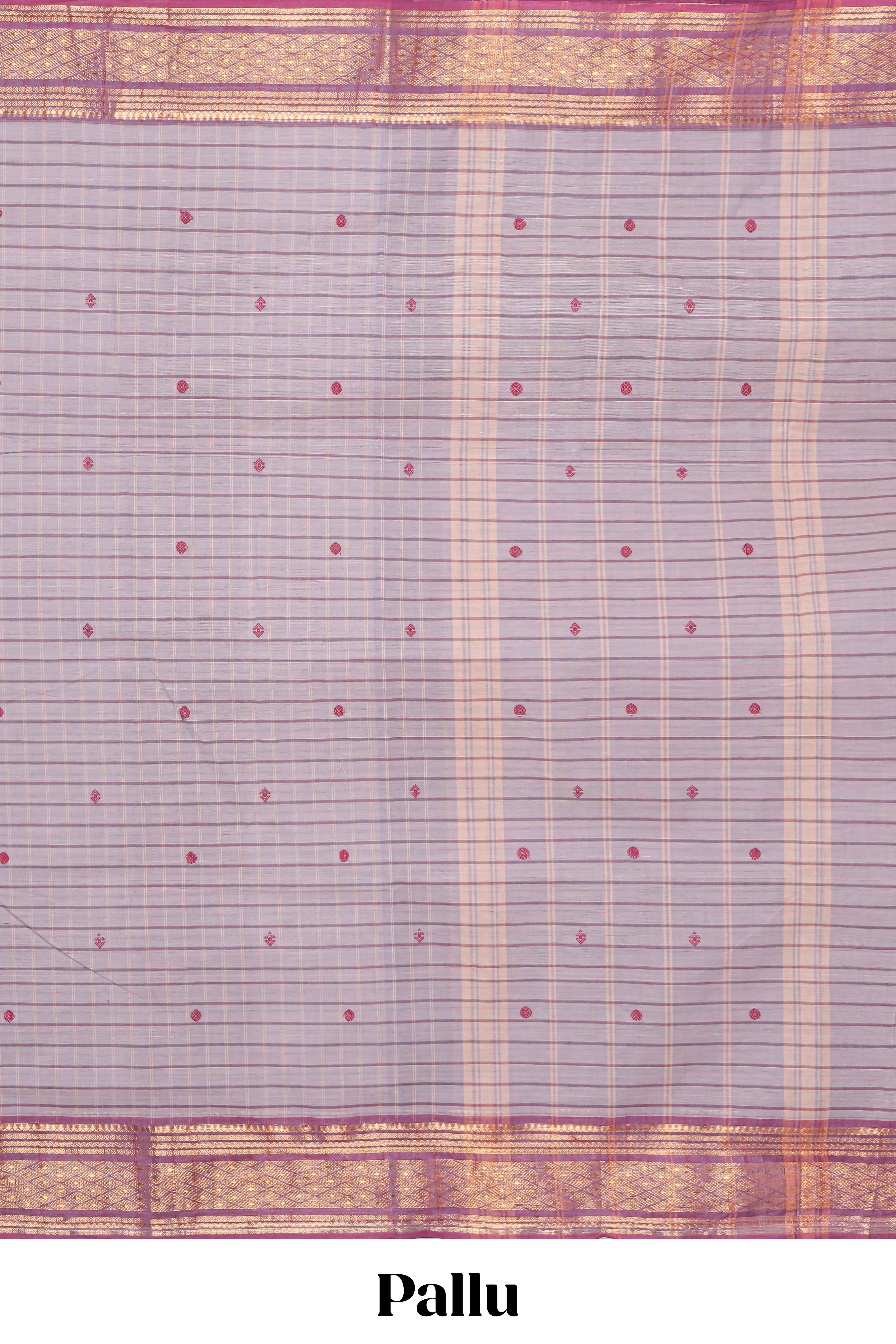 Grey checked thread motifs chettinad cotton saree with contrast zari border and matching striped pallu - Image 2