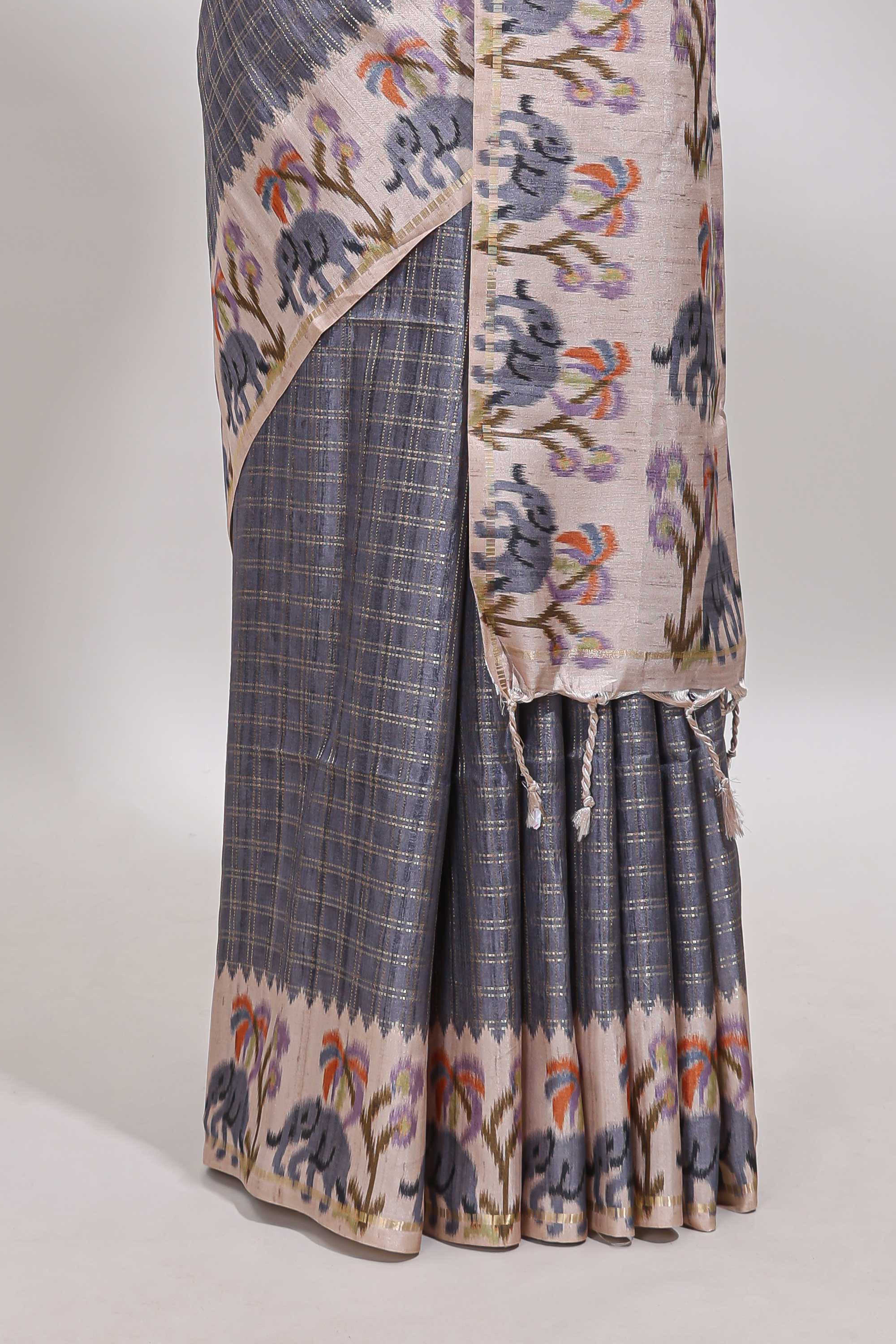 Grey checked tussar saree with contrast ikkat style elephant and floral print border and printed pallu - Image 4