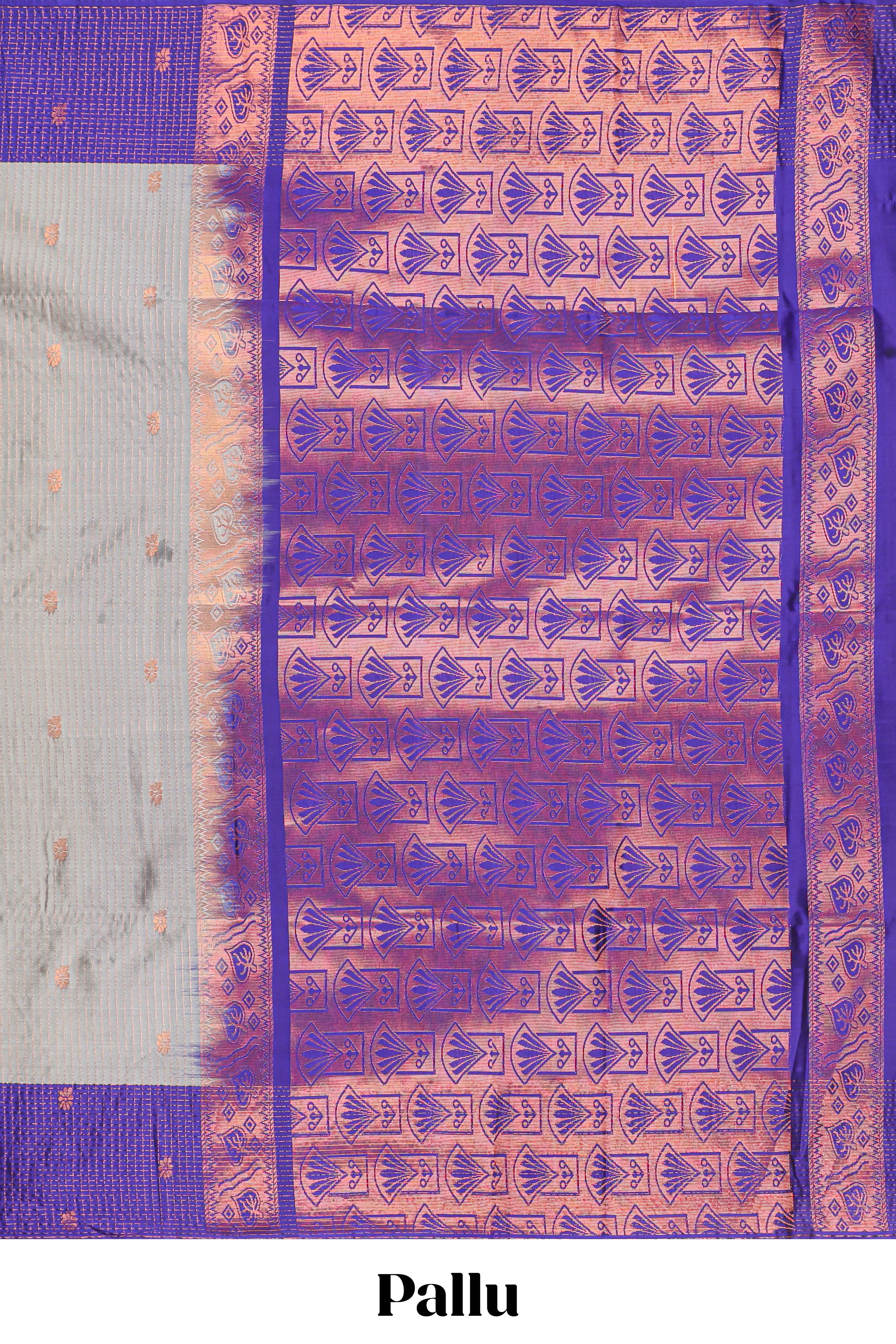 Grey colour semi soft silk all over thread weave flower and stripes pattern with Contrast border and contrast buttas blouse - Image 4