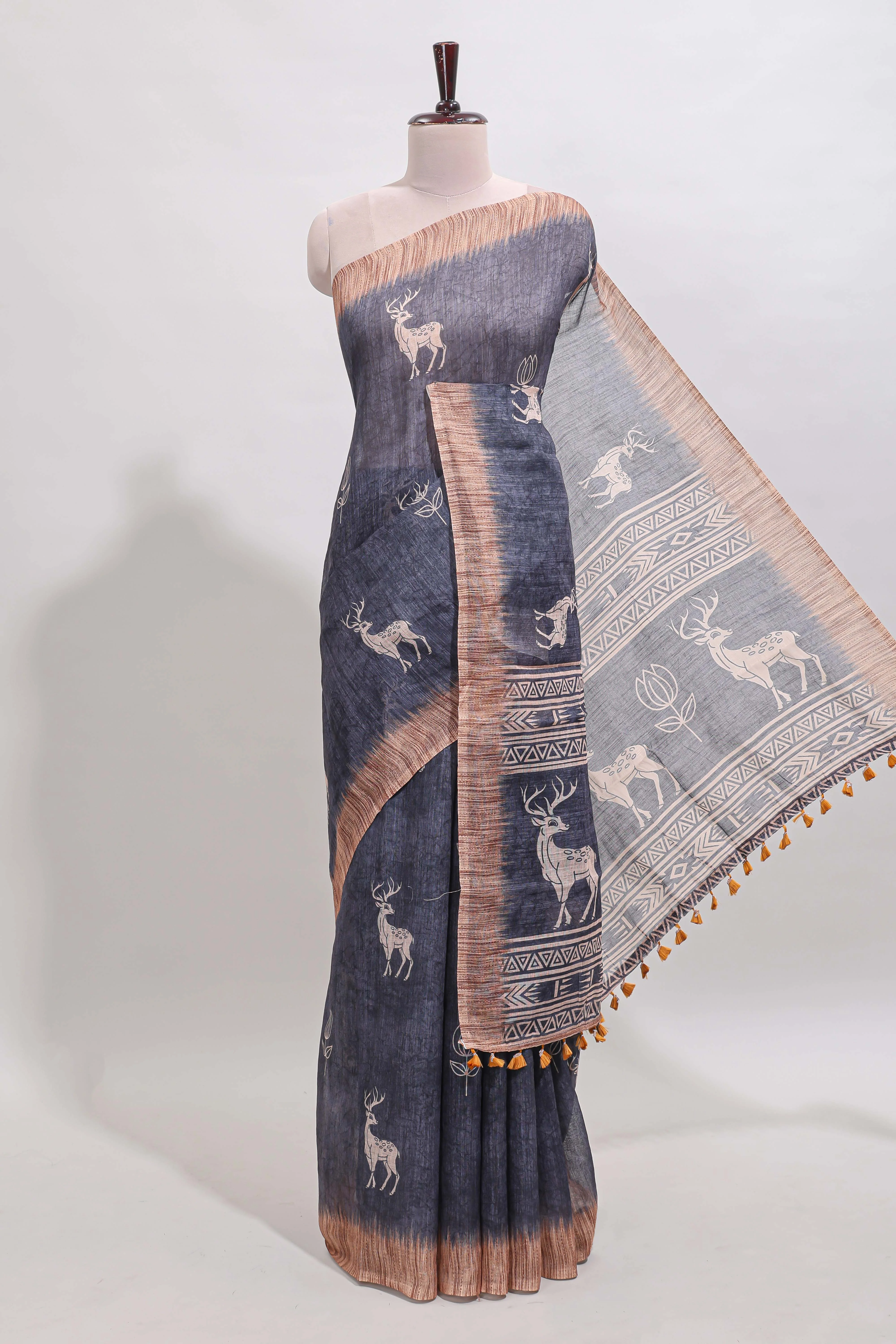 Grey floral & deer design motifs linen cotton saree with contrast border and matching printed blouse
