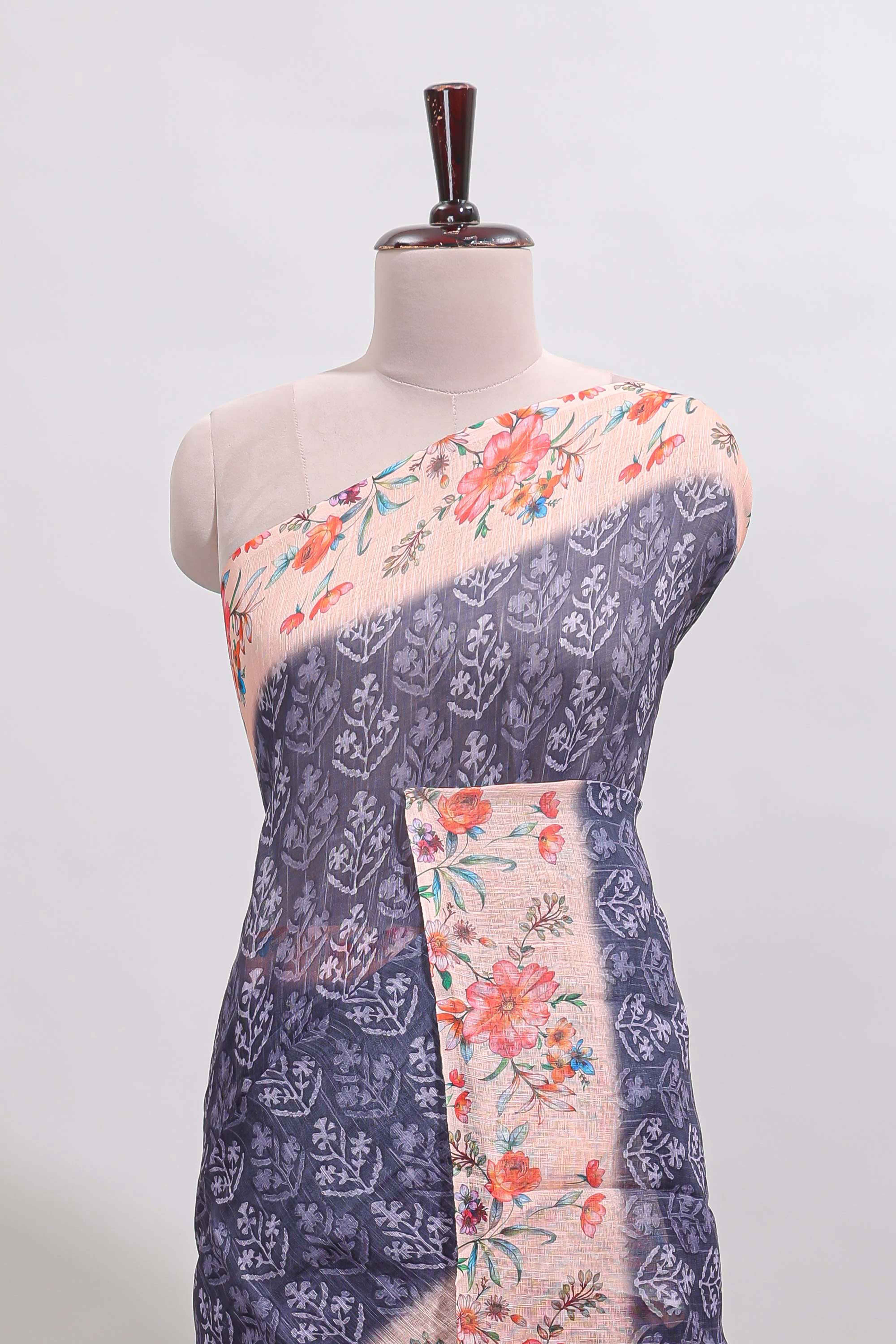 Blue floral design linen cotton saree with contrast floral design border and matching blouse - Image 3