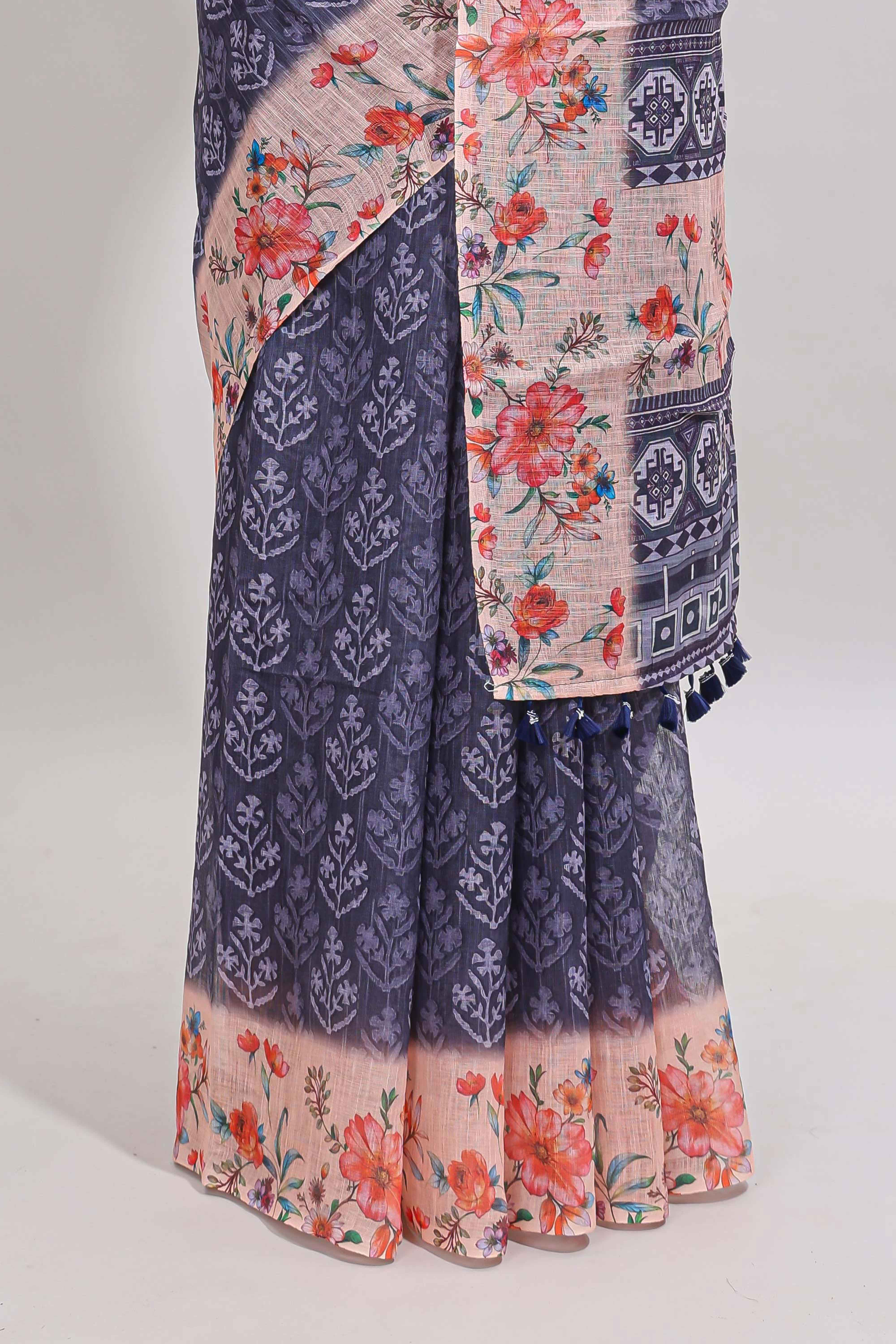 Blue floral design linen cotton saree with contrast floral design border and matching blouse - Image 4