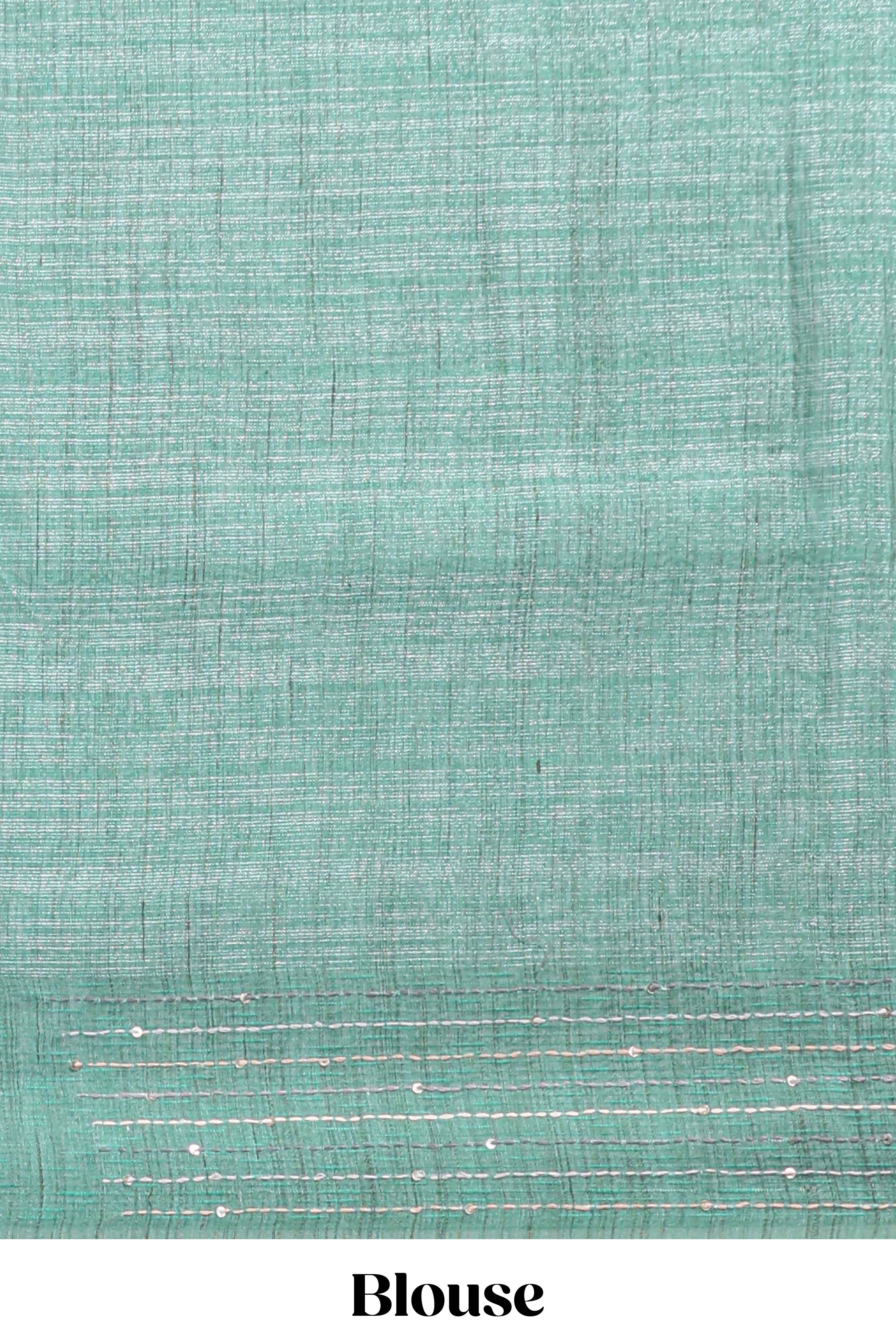 Grey floral design semi tussar saree with contrast green border and printed pallu - Image 7