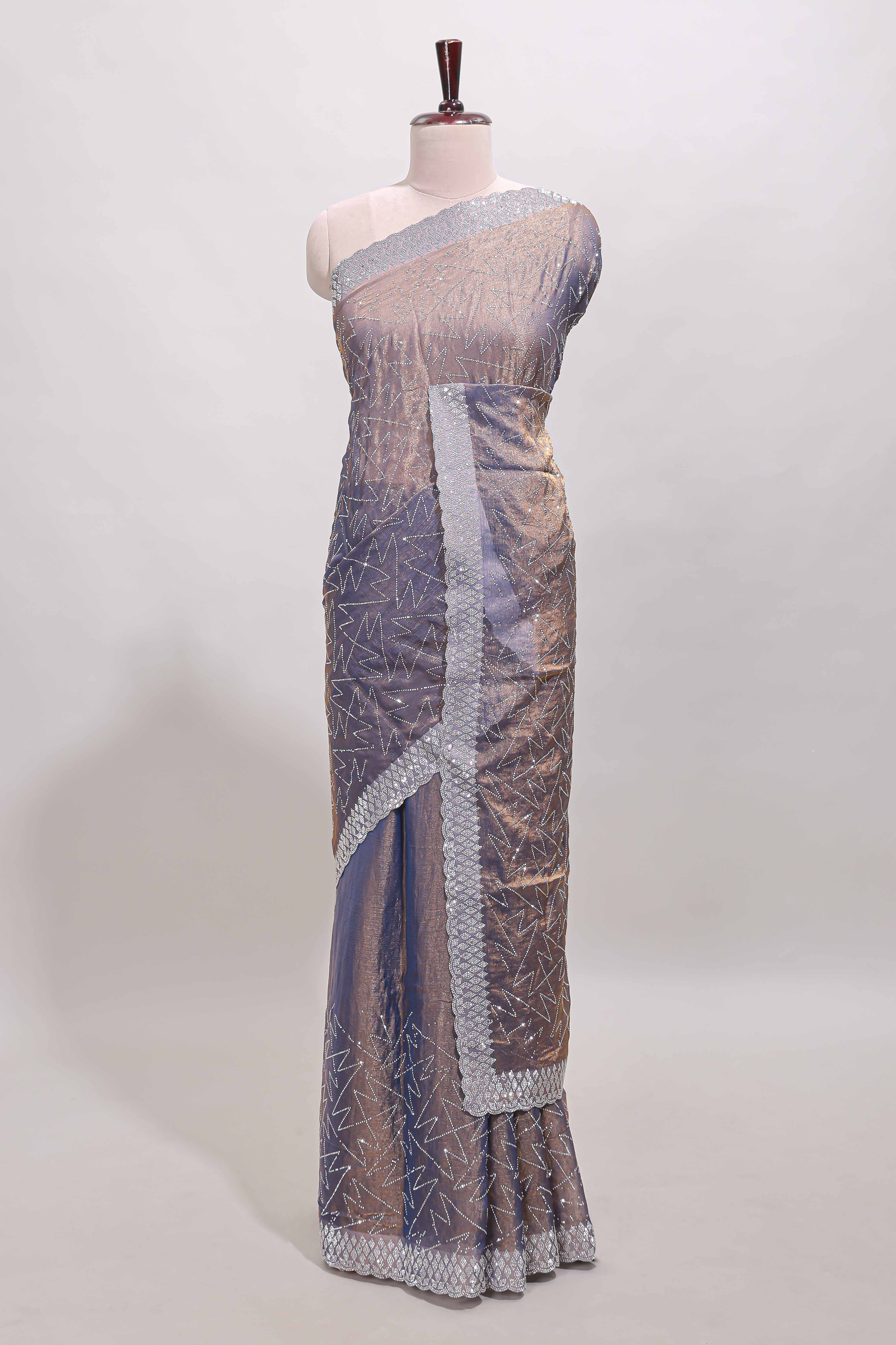 Grey geometric design stone work designer saree with self scallop border and matching blouse - Image 2