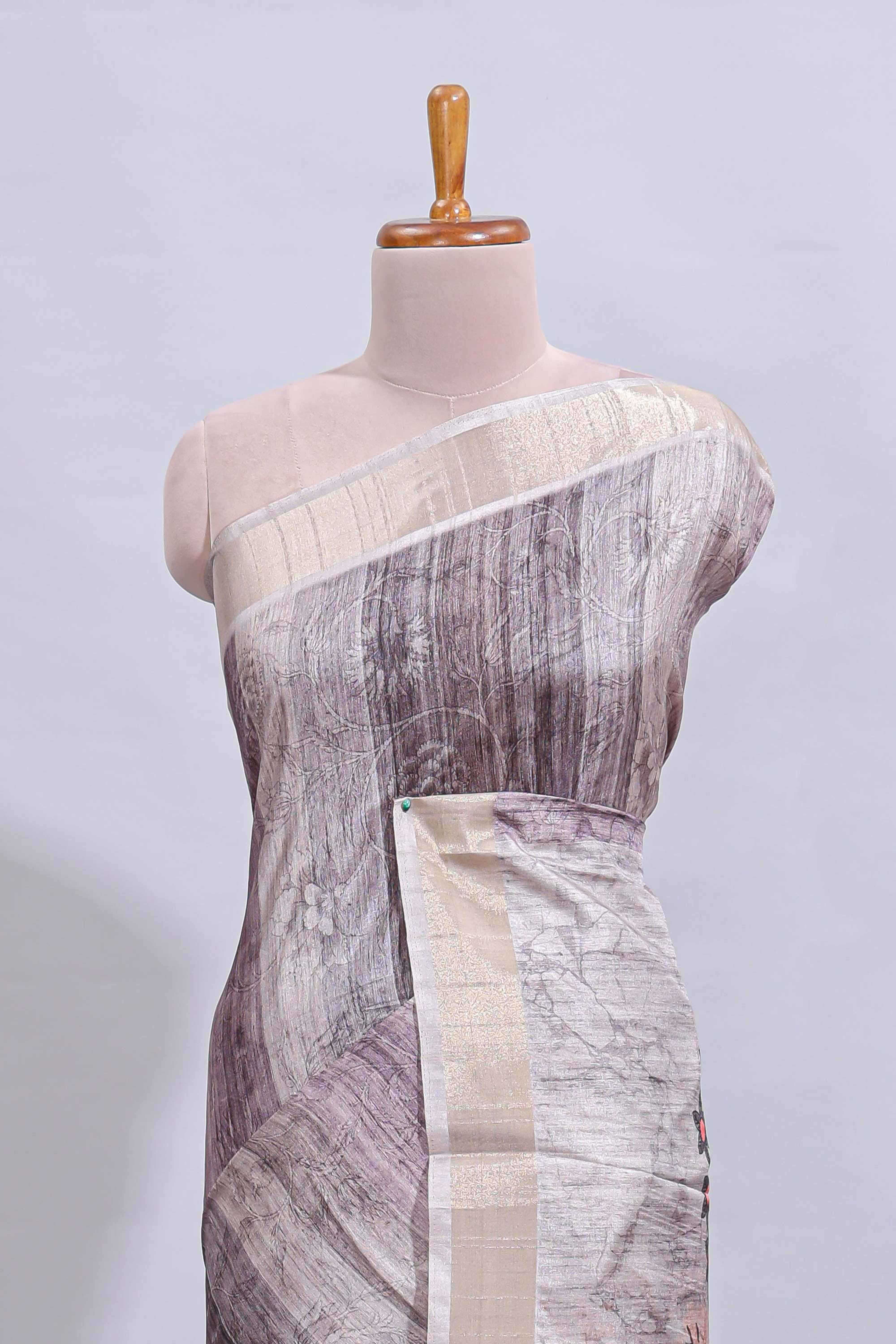 Grey kalamkari style floral design art tussar saree with contrast border and matching striped blouse - Image 3