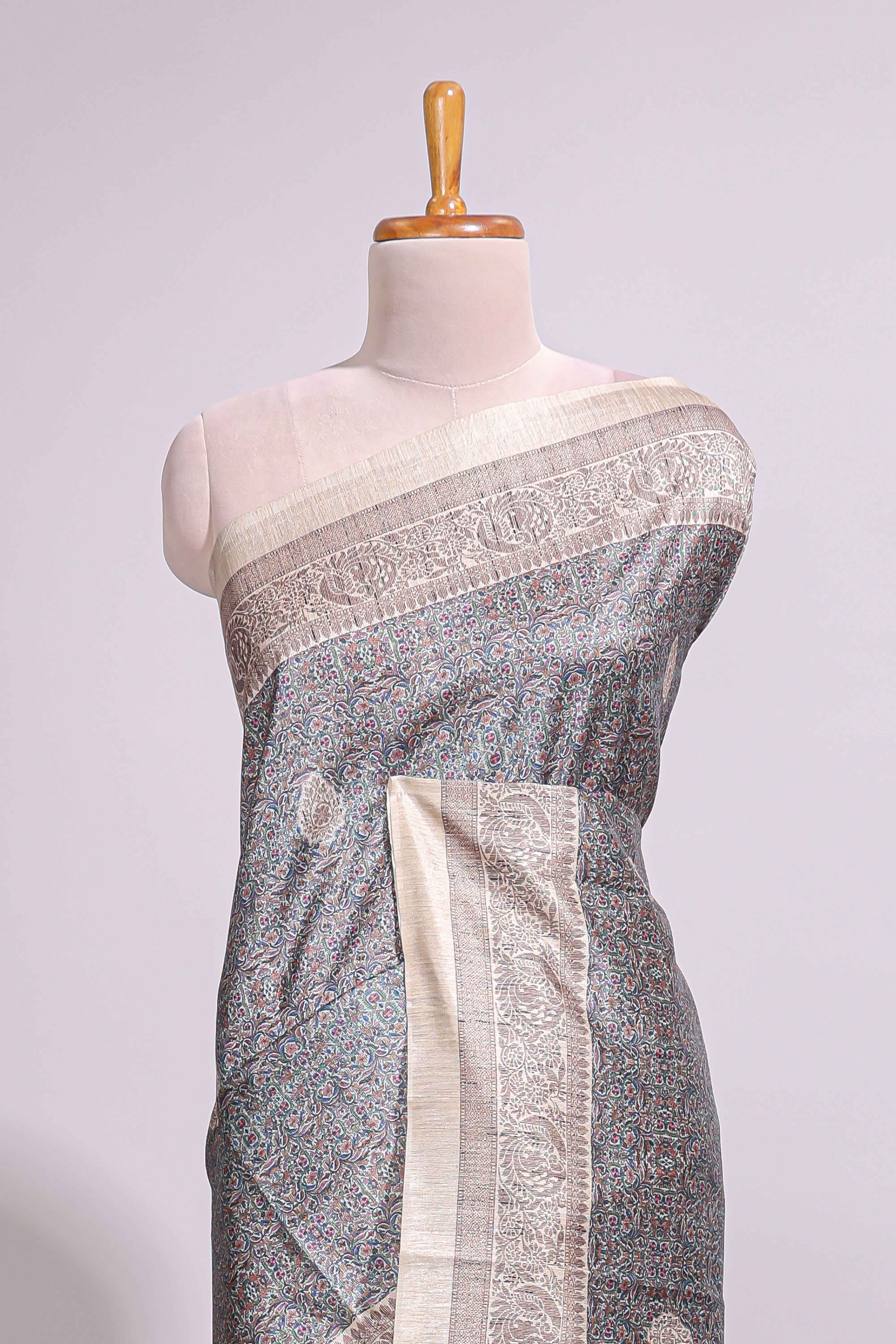 Grey Printed Tussar Silk Saree with Contrast Zari Border and floral printed Blouse - Image 3