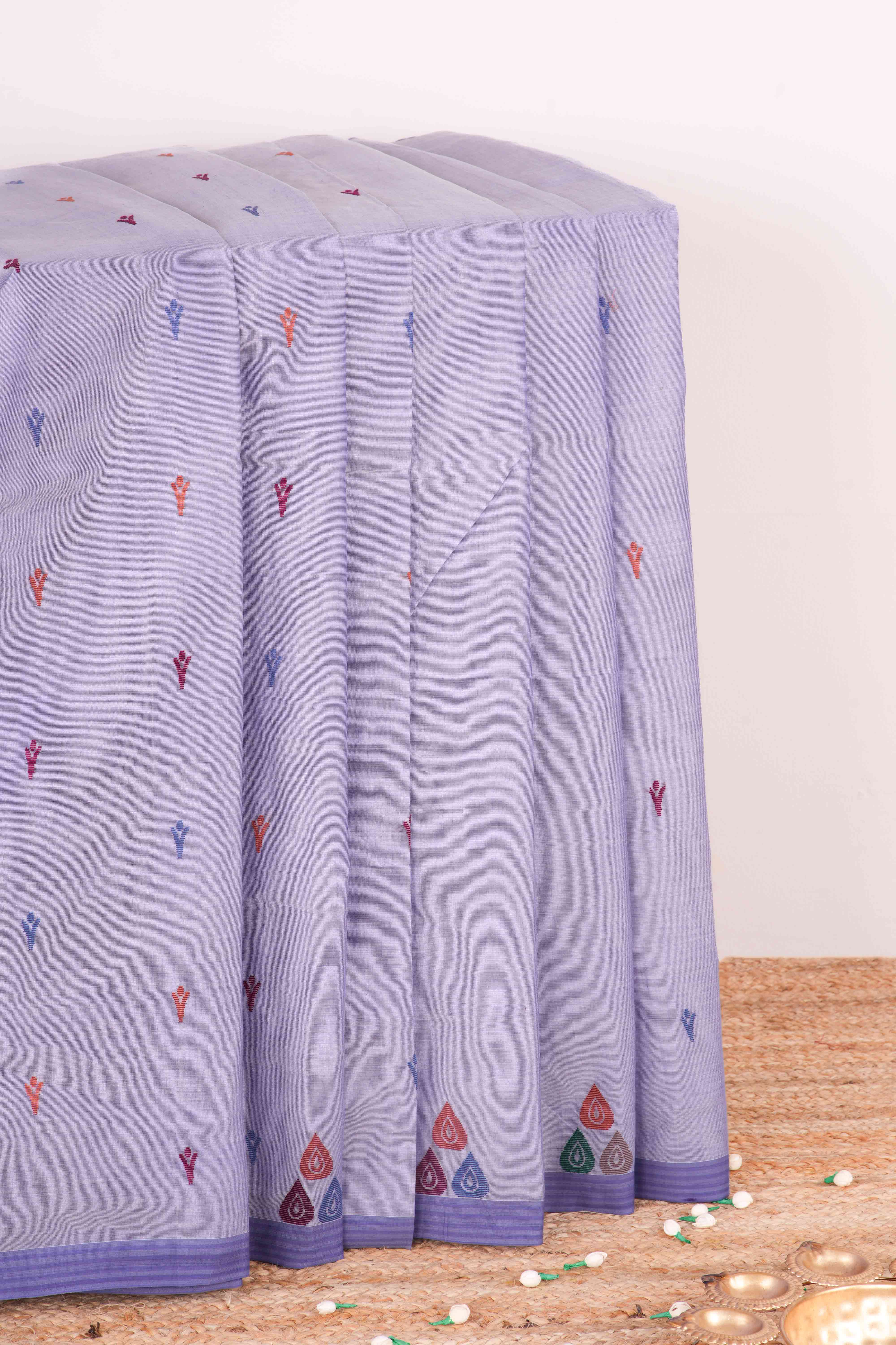 Lavender Bengal Cotton Saree with Multicolor Thread Butta and Artistic Pallu