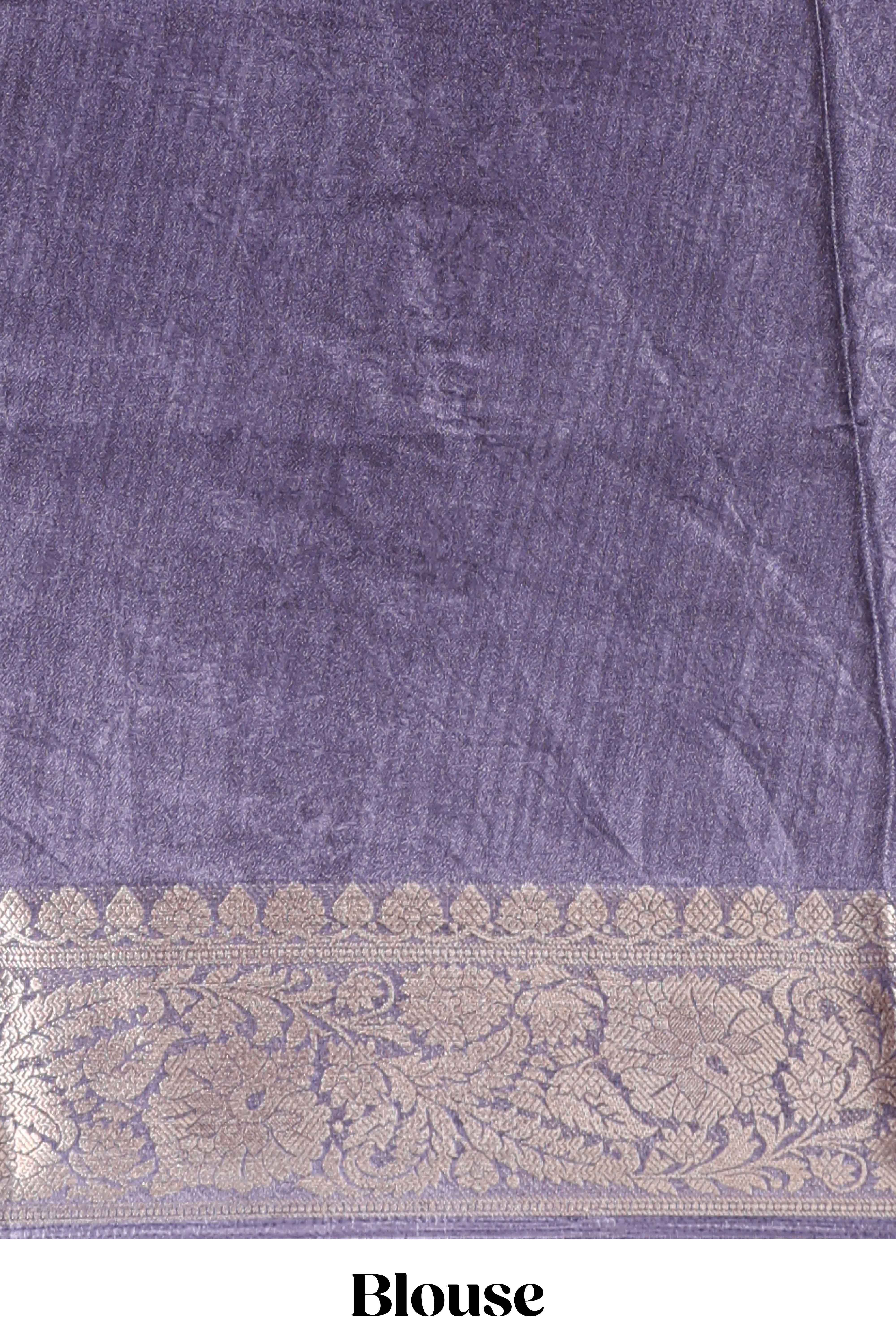 Lavender butterfly & floral design marsh mellow saree with contrast zari border and contrast blouse - Image 5