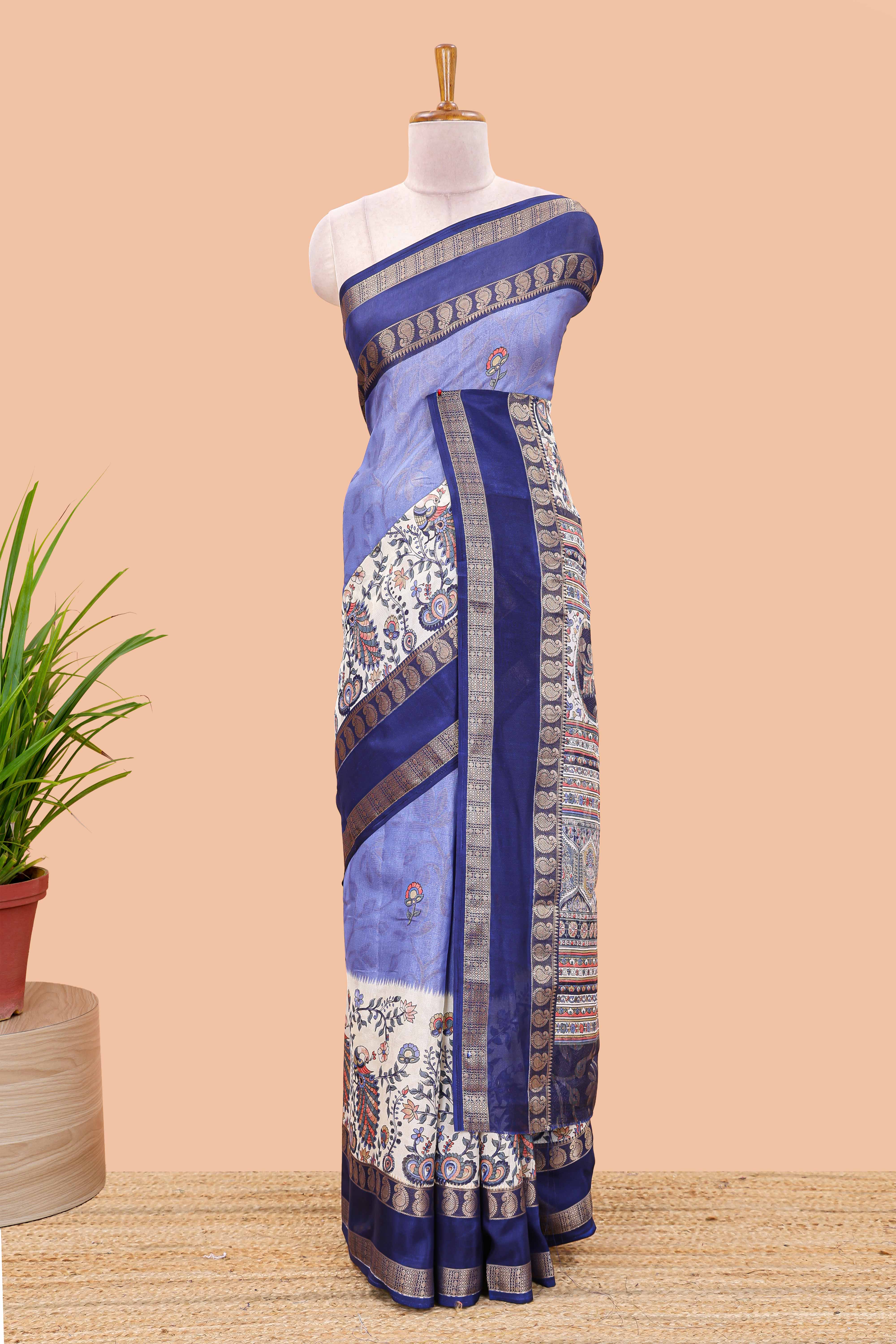 Lavender dola silk floral motifs saree with kalamkari inspired pallu and peacock zari border - Image 2