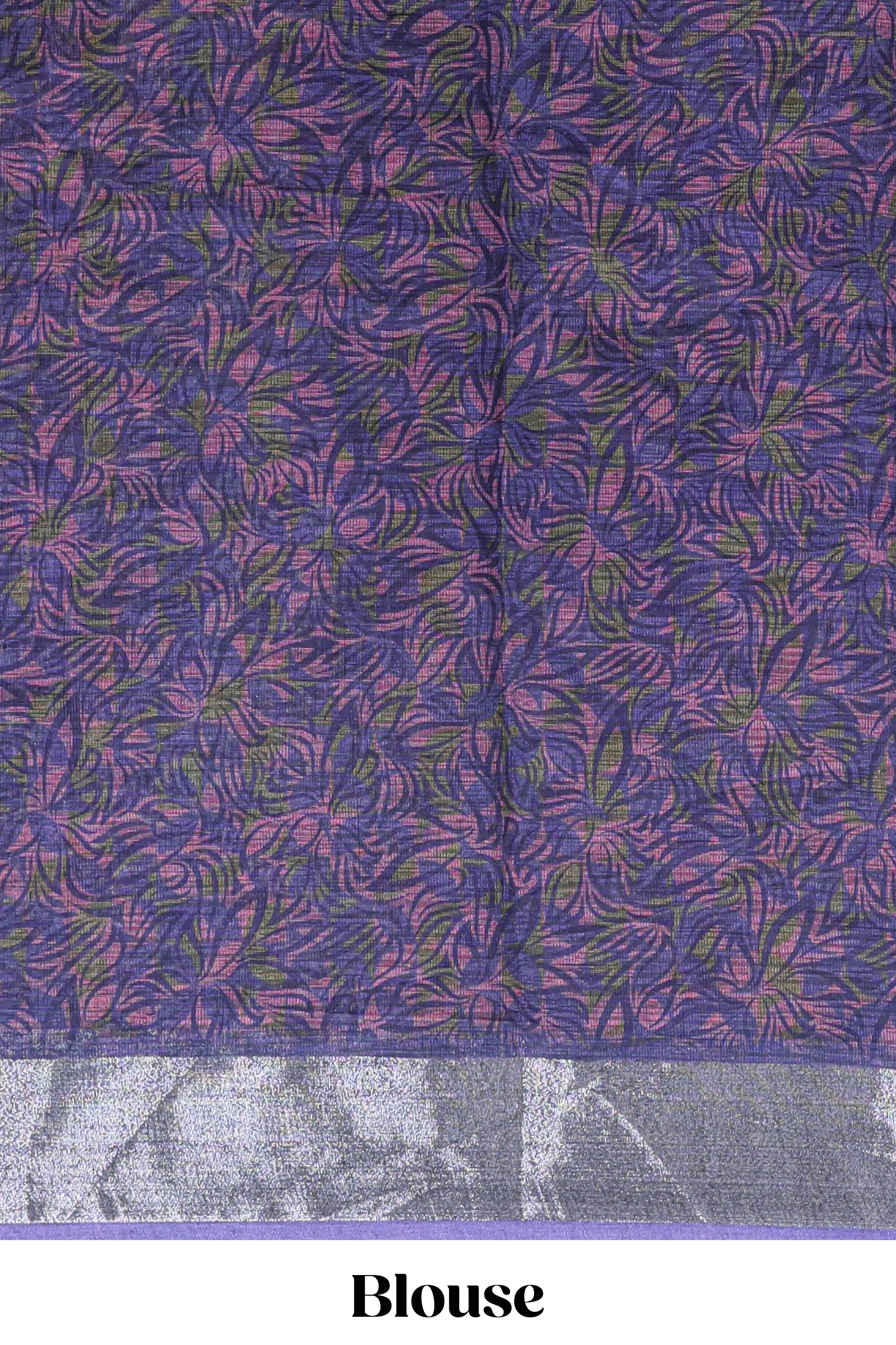Lavender floral design chanderi cotton saree with contrast zari border and matching blouse - Image 5