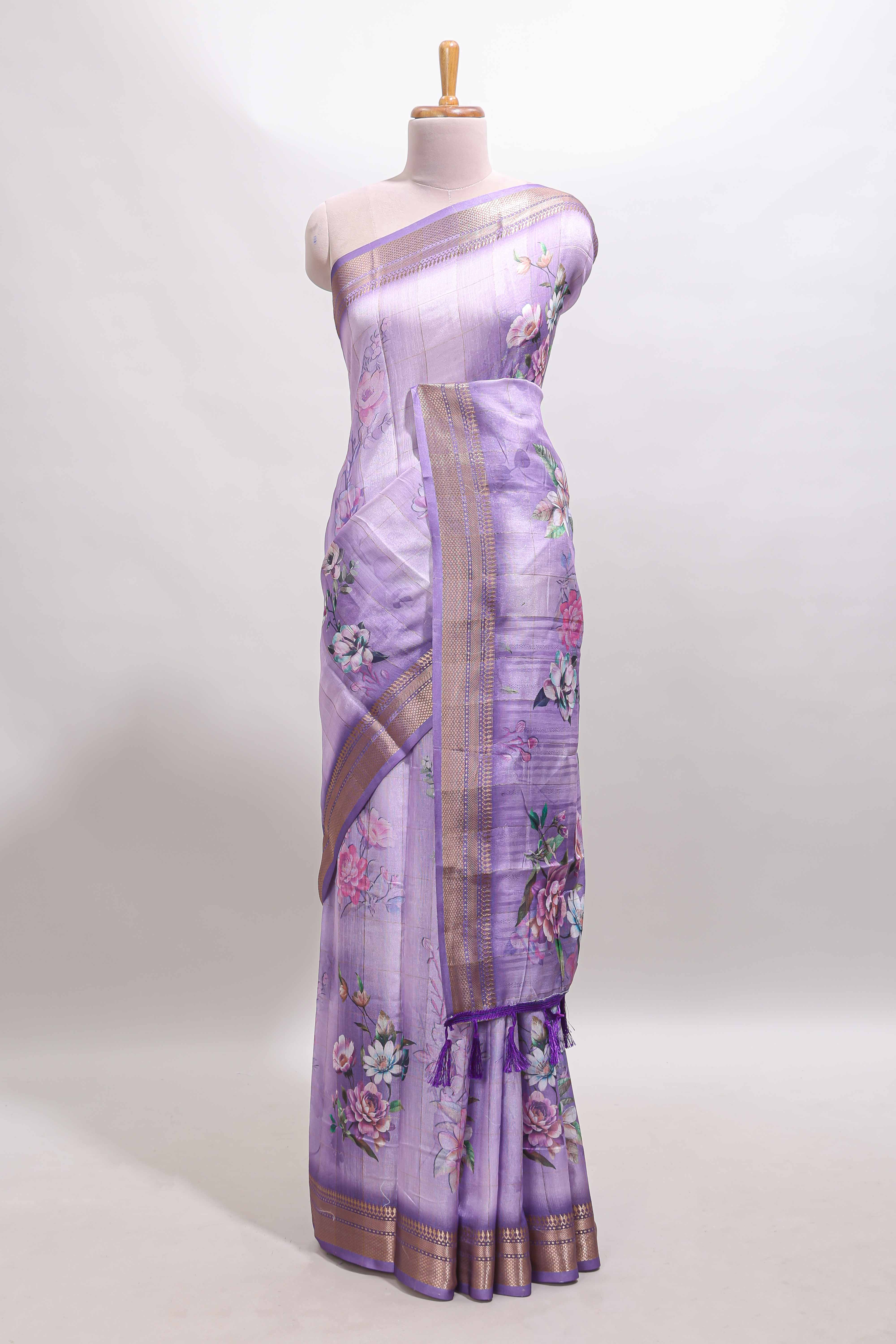 Lavender floral design dola silk saree with sellf zari border and matching blouse - Image 2