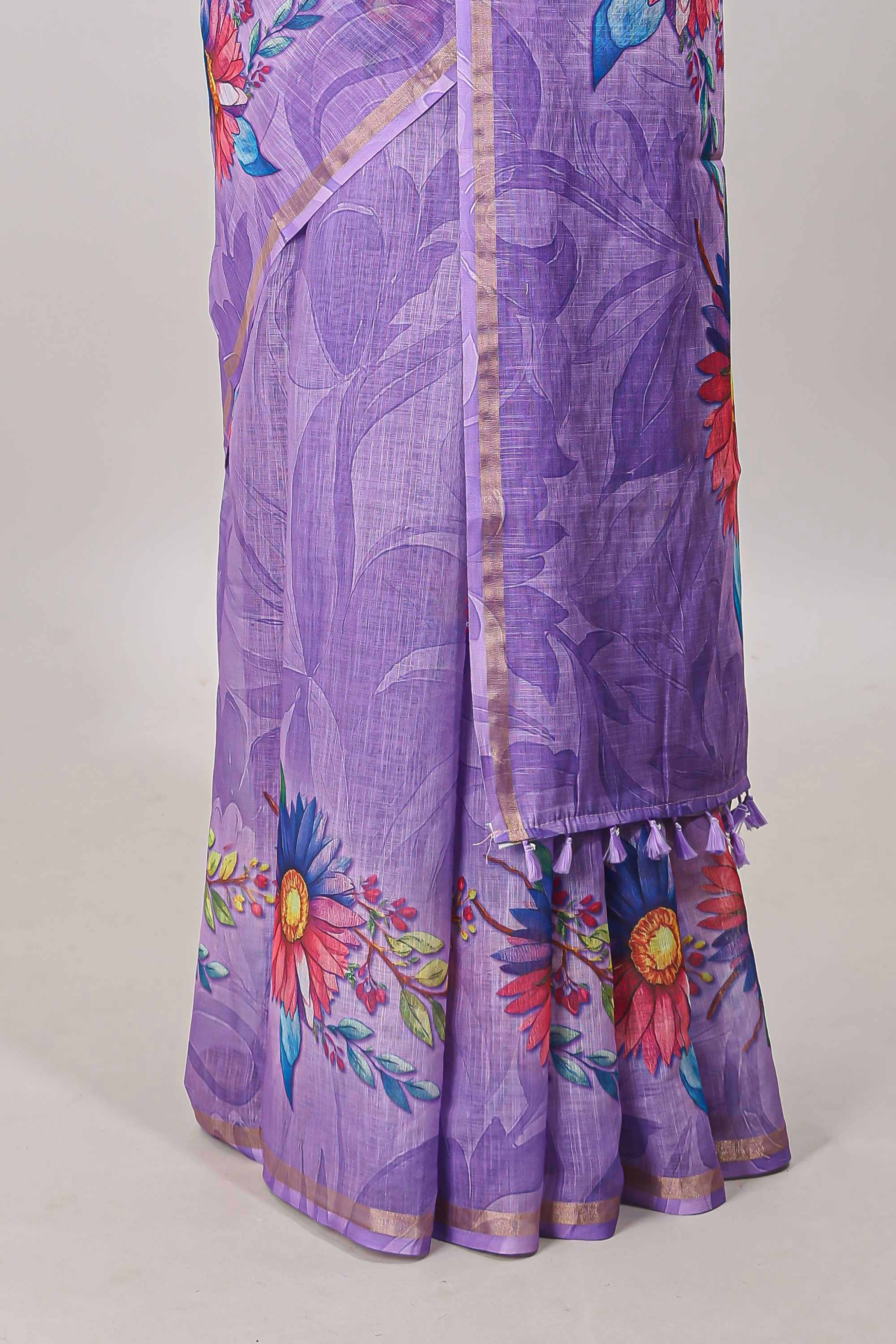 Lavender floral print linen cotton saree with self zari border and matching blouse - Image 4