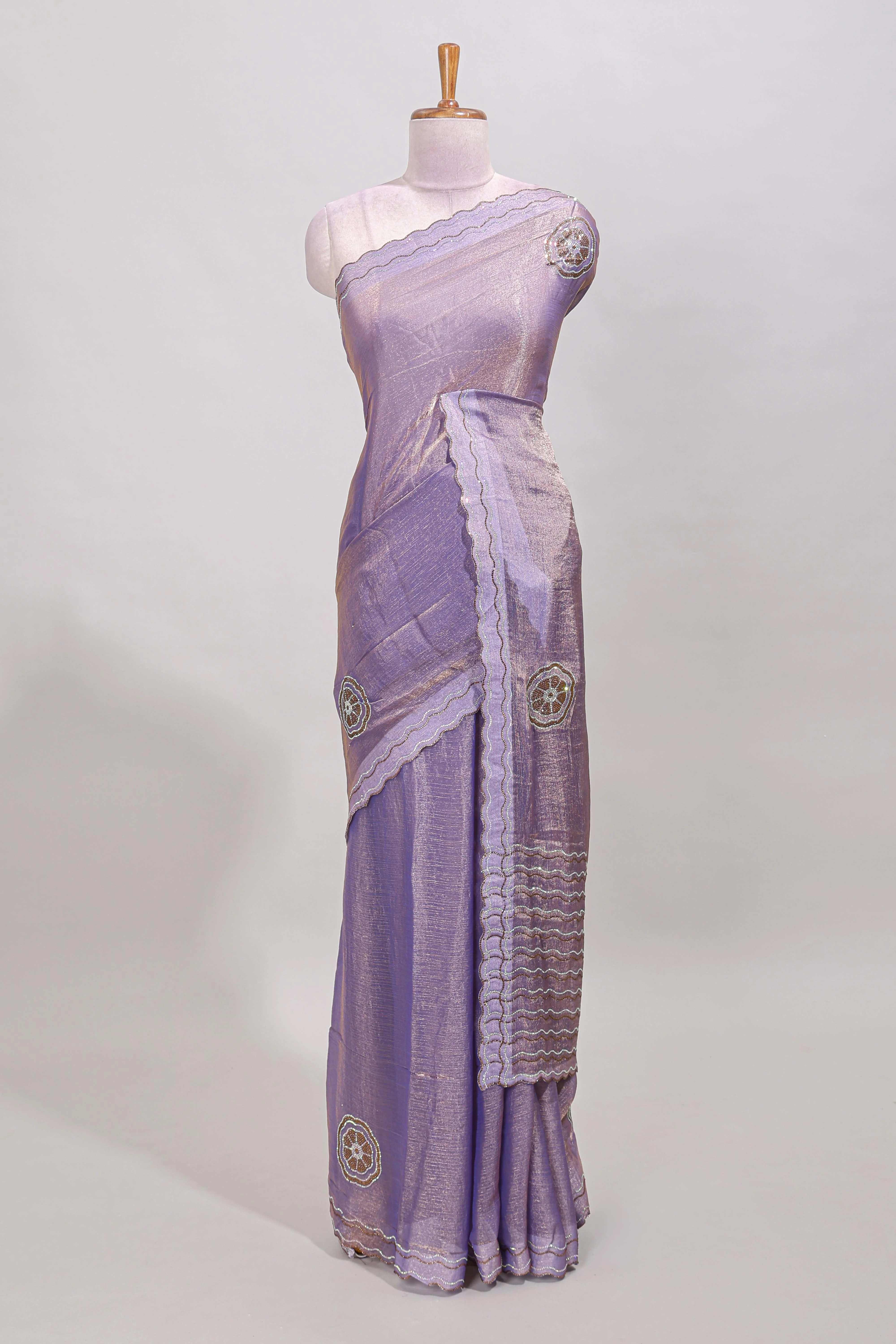 Lavender floral stone work motifs designer saree with self scallop design border and matching blouse - Image 5