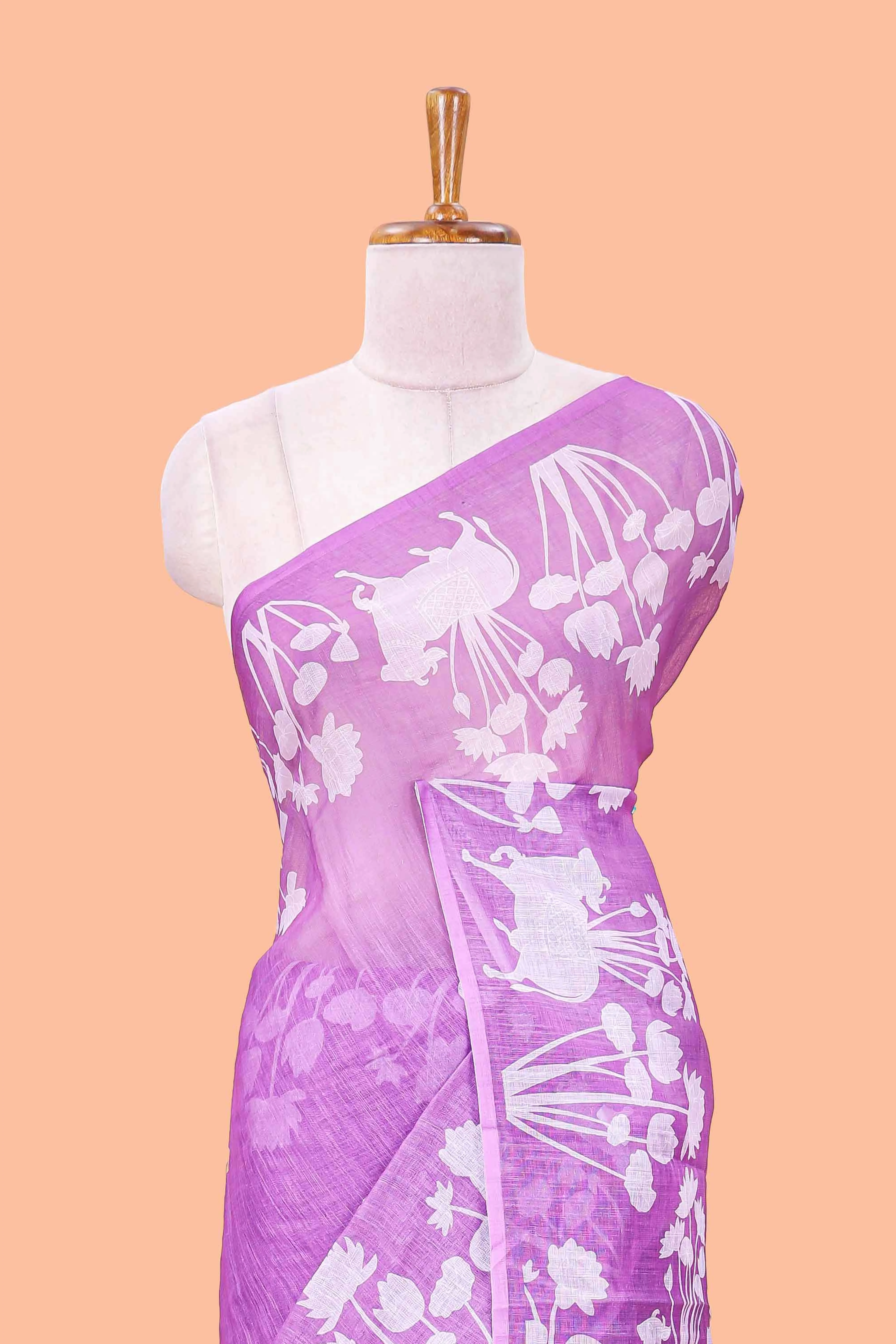 Lavender Linen Cotton Body Flower Print With Border Pichwai and Lotus Flower Print and Printed Blouse - Image 3