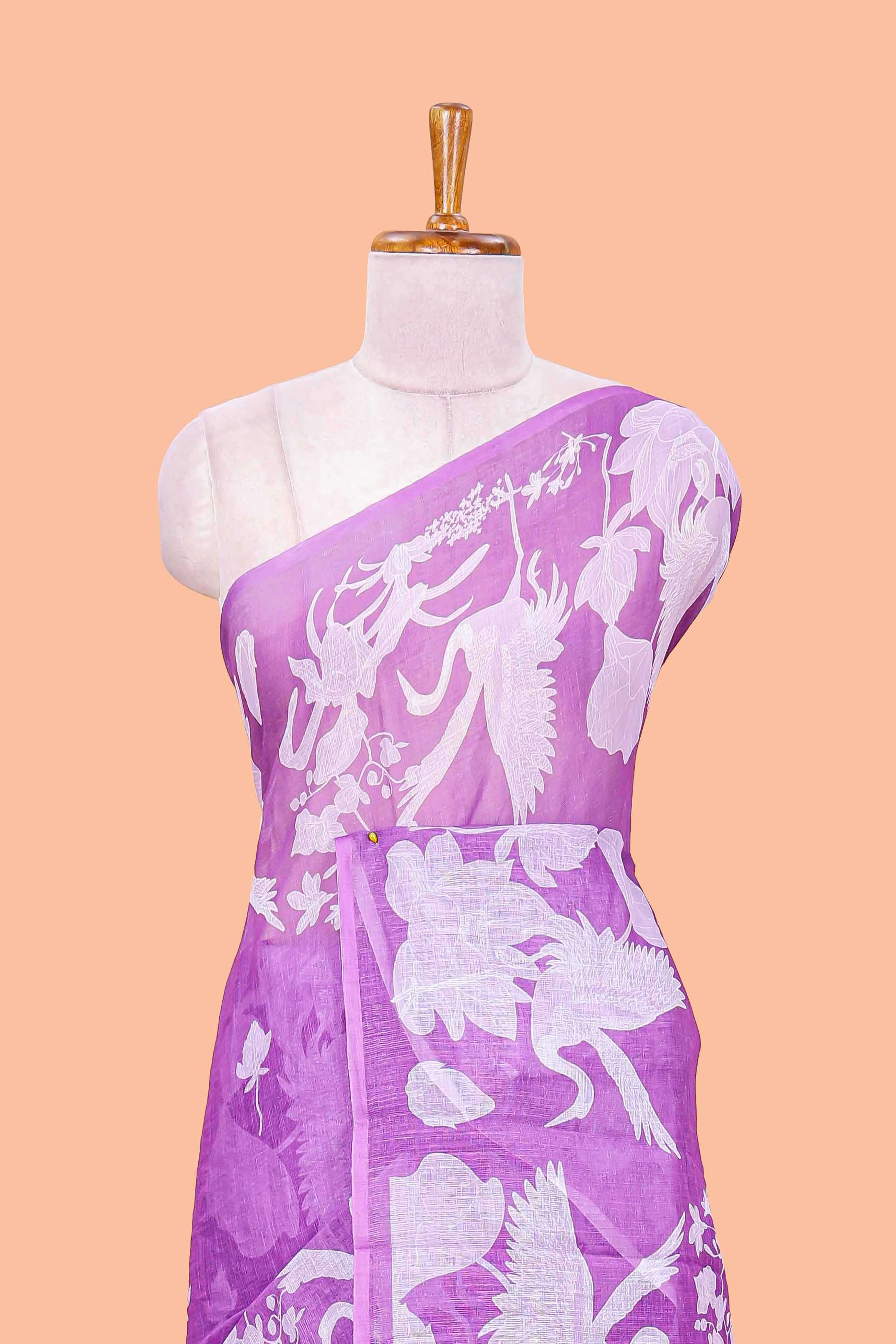 Lavender linen cotton floral and crane birds print saree with self border and matching printed blouse - Image 3