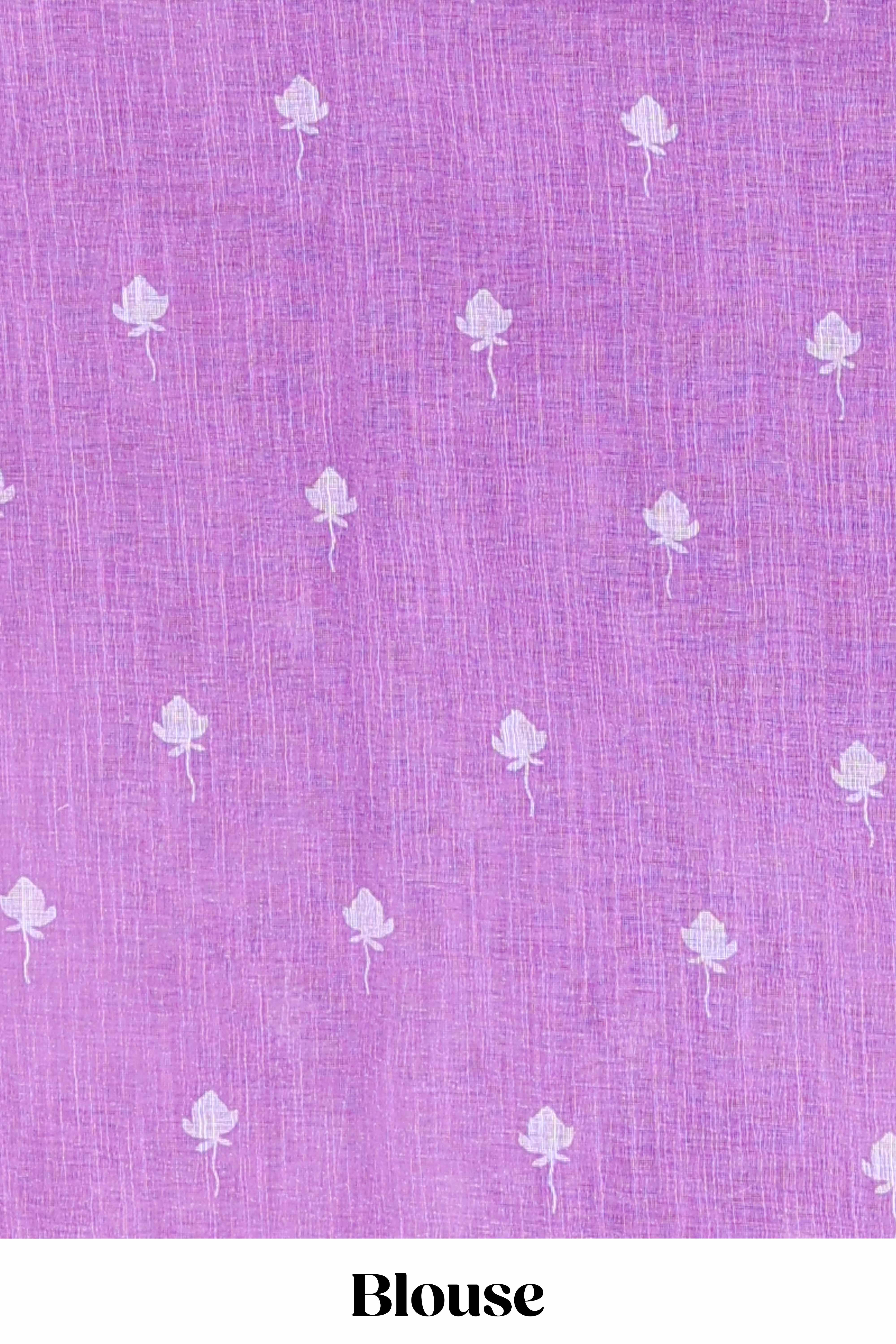 Lavender linen cotton floral and crane birds print saree with self border and matching printed blouse - Image 5