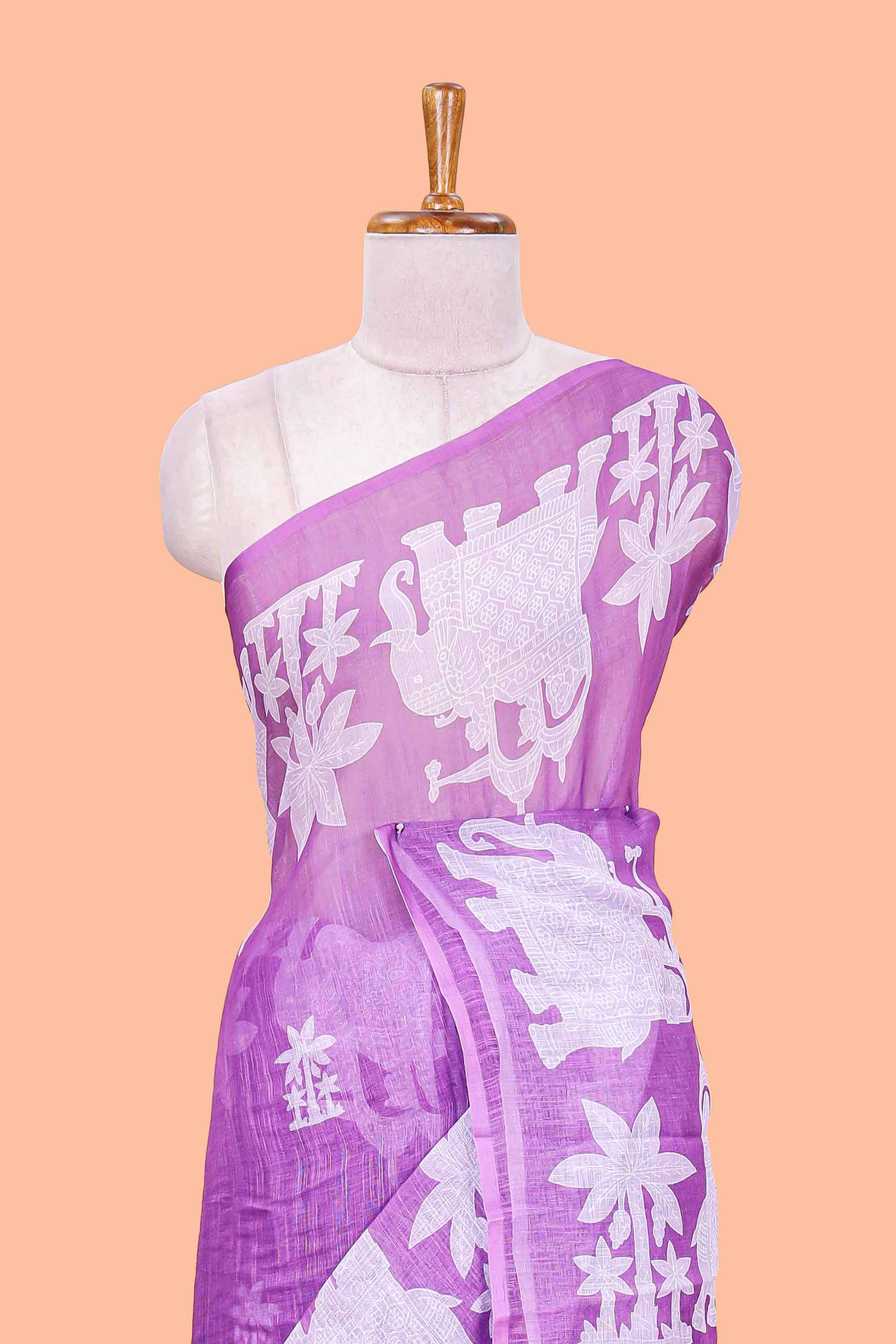Lavender linen cotton palm tree and elephant print saree with self border and matching printed blouse - Image 3