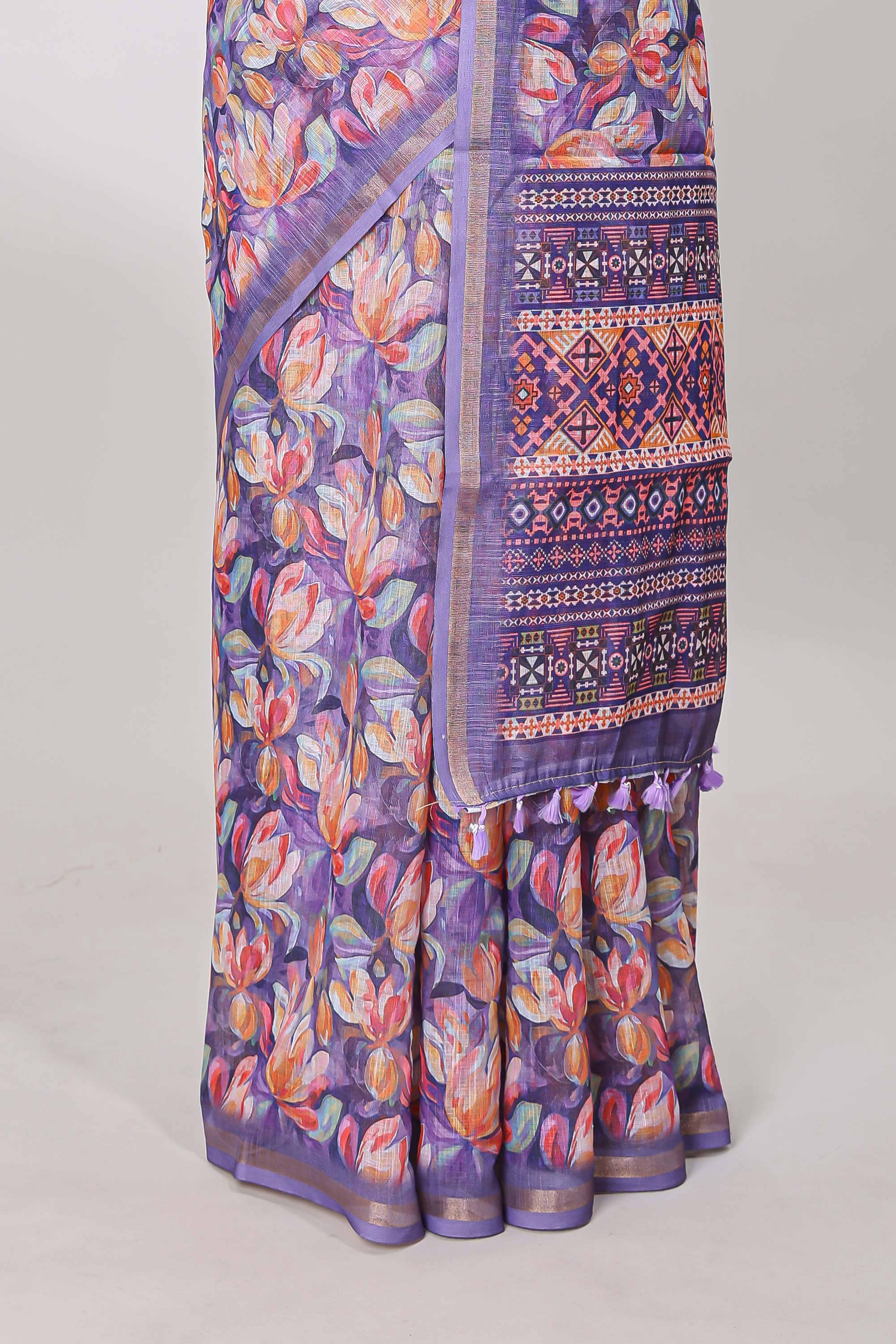 Lavender linen cotton saree with floral design and Ikkat motif pallu - Image 4