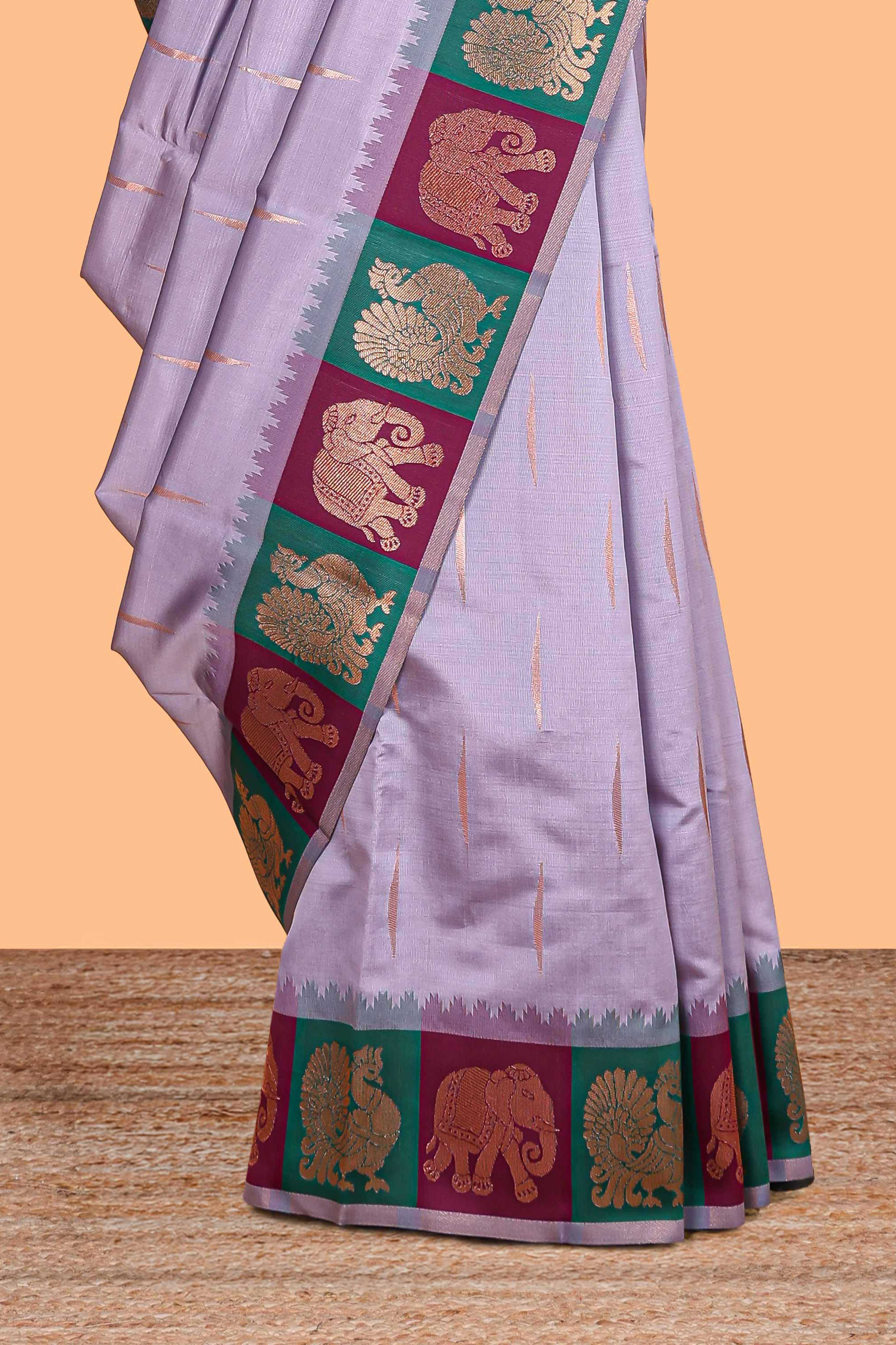 Lavender litchi silk saree with contrast elephant & peacock zari border and blouse - Image 3