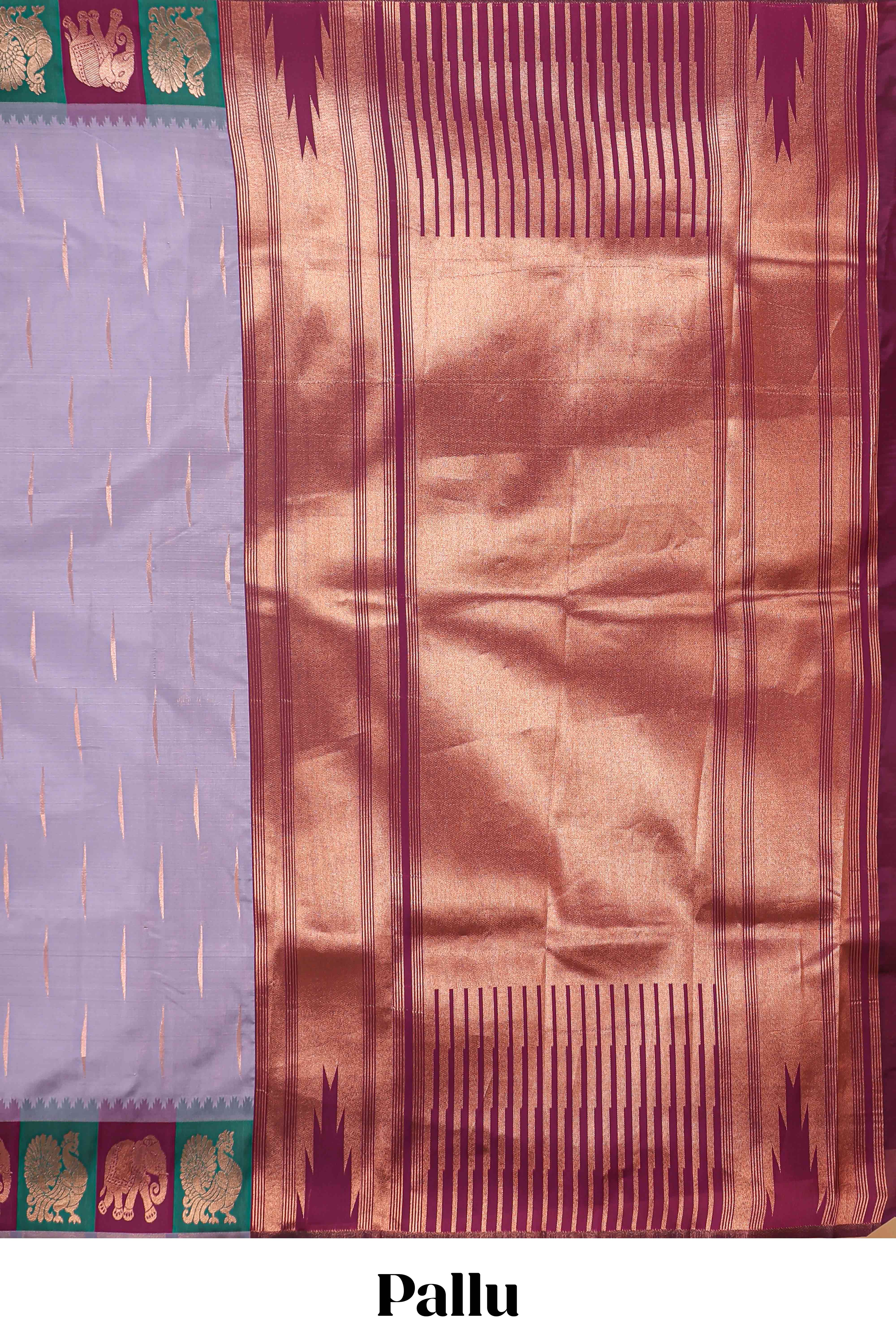 Lavender litchi silk saree with contrast elephant & peacock zari border and blouse - Image 4