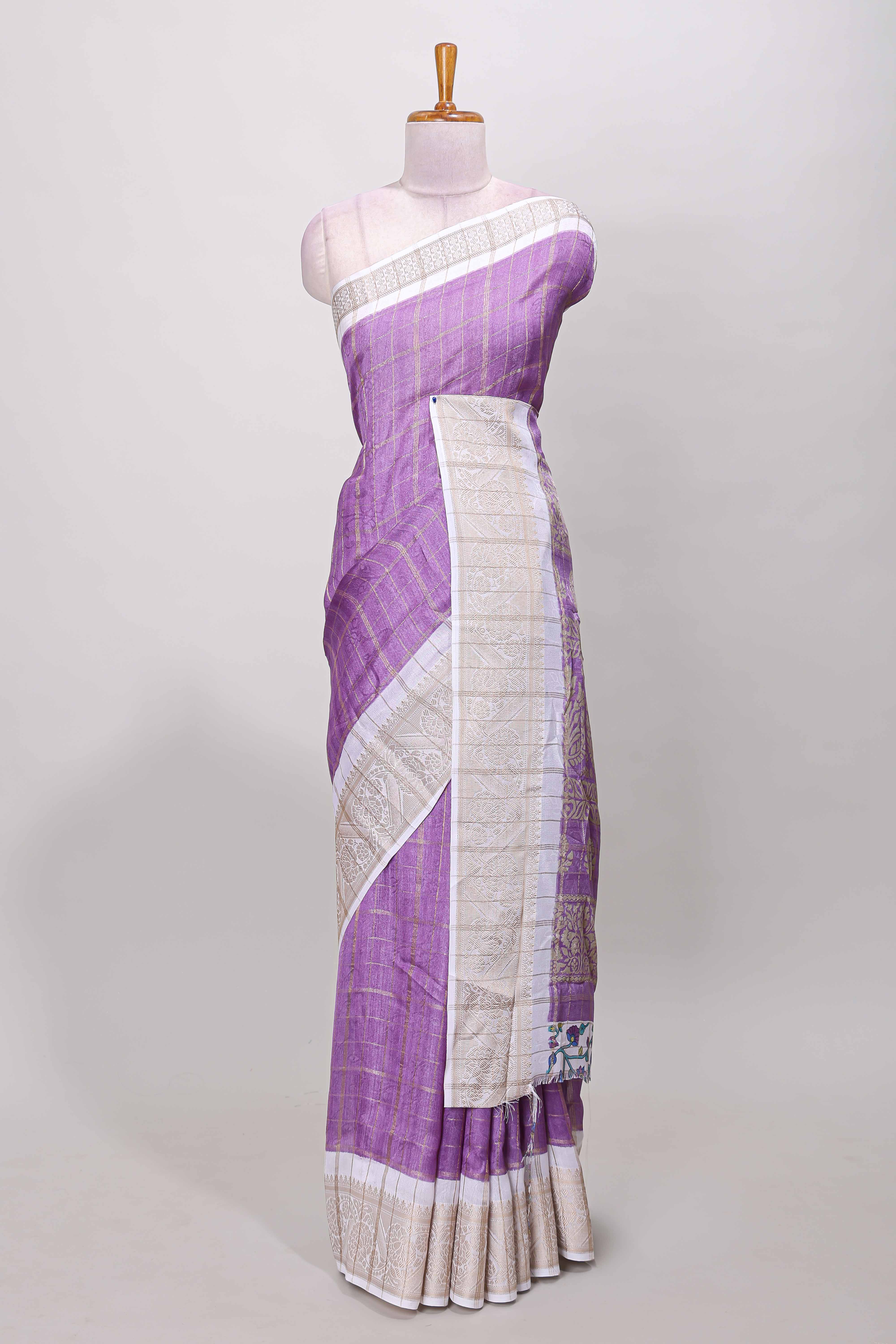 Lavender marsh mellow saree with gold zari checks and contrast floral printed blouse - Image 2