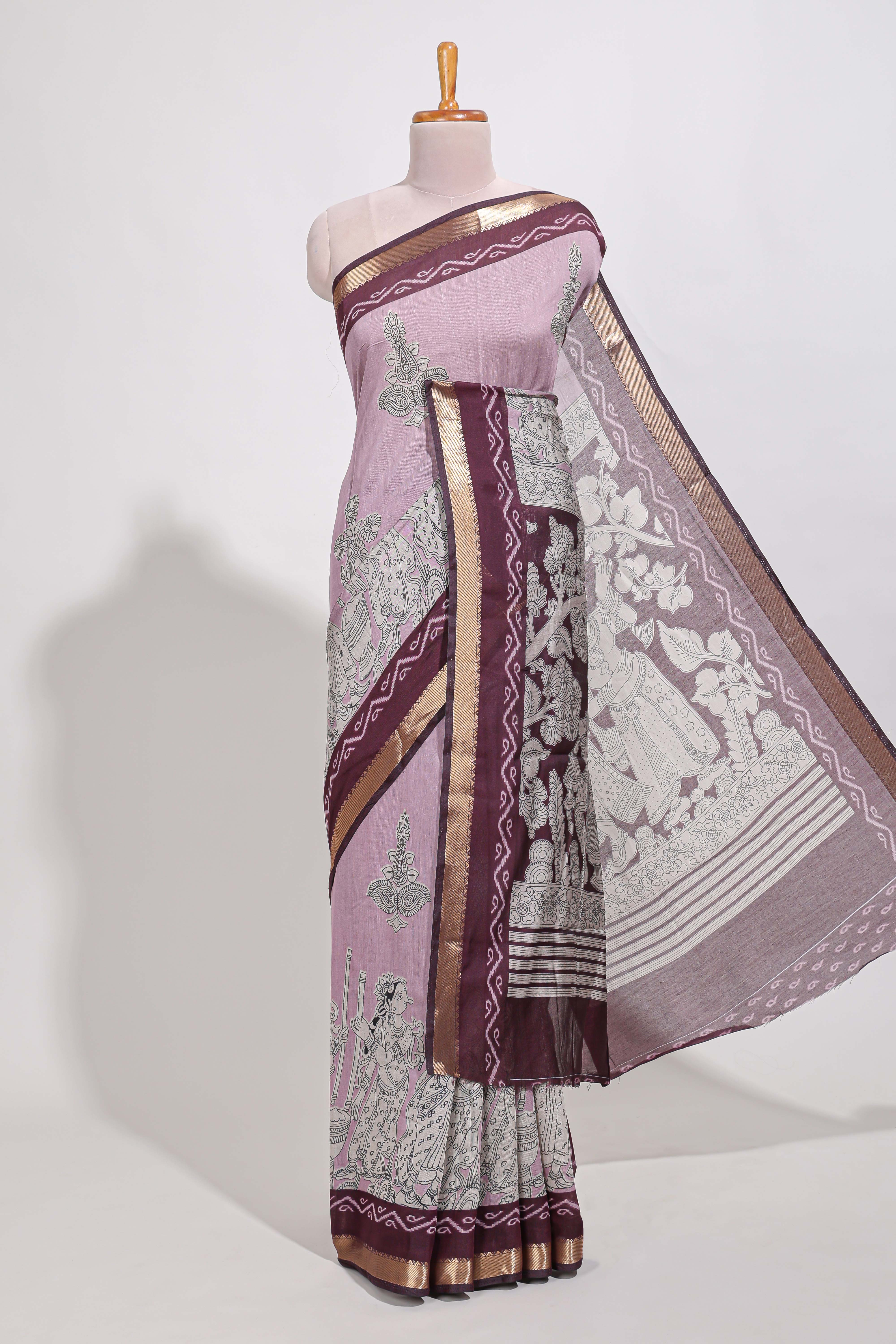 Lavender Mauve Viscose Georgette Saree All-over elegant ethnic detailing gold zari border and Statement pallu with artistic motifs with contrast printed blouse - Image 2