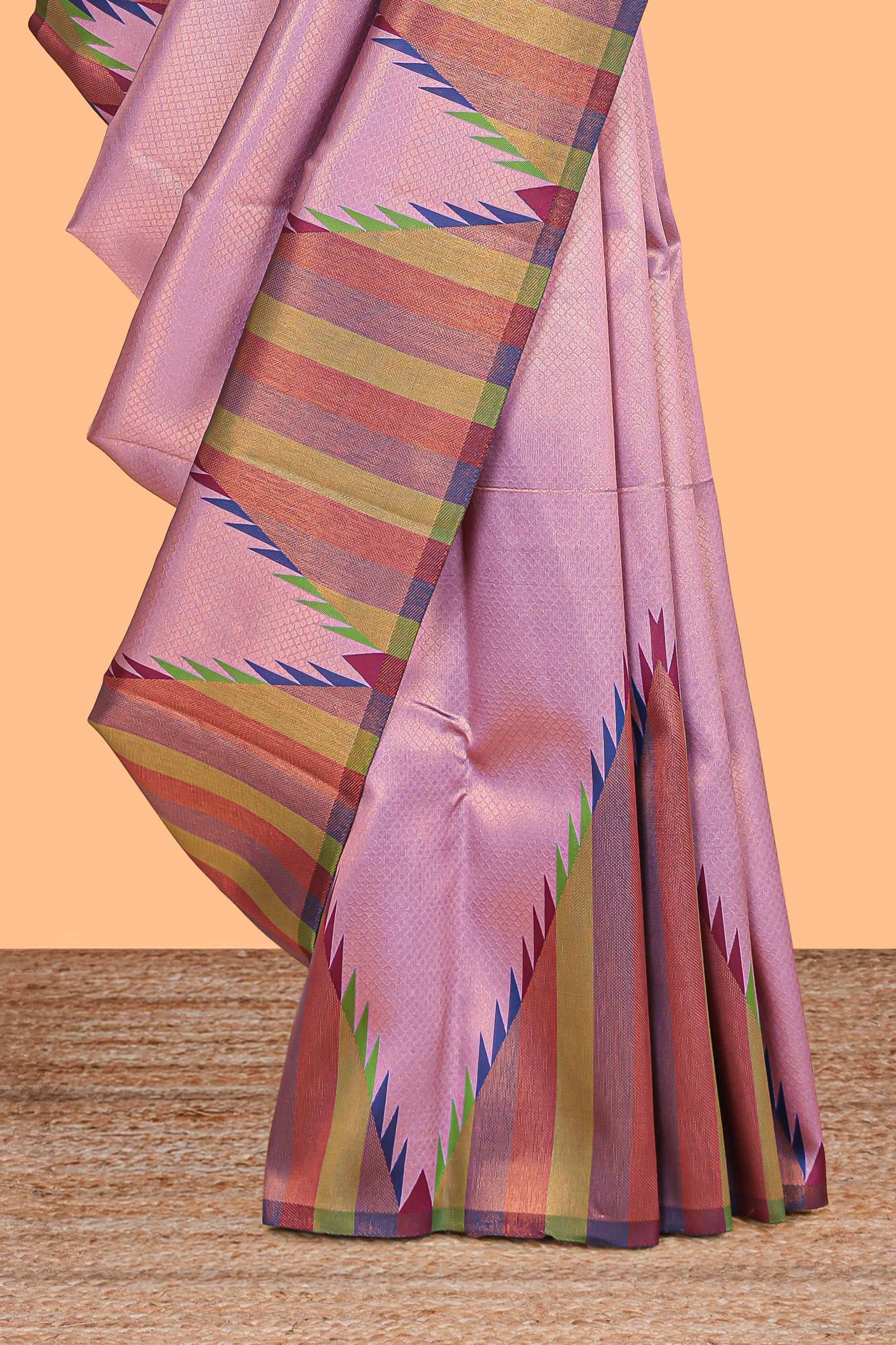 Lavender pink plain litchi silk saree with contrast multi color ikkat style border and blouse - Image 3