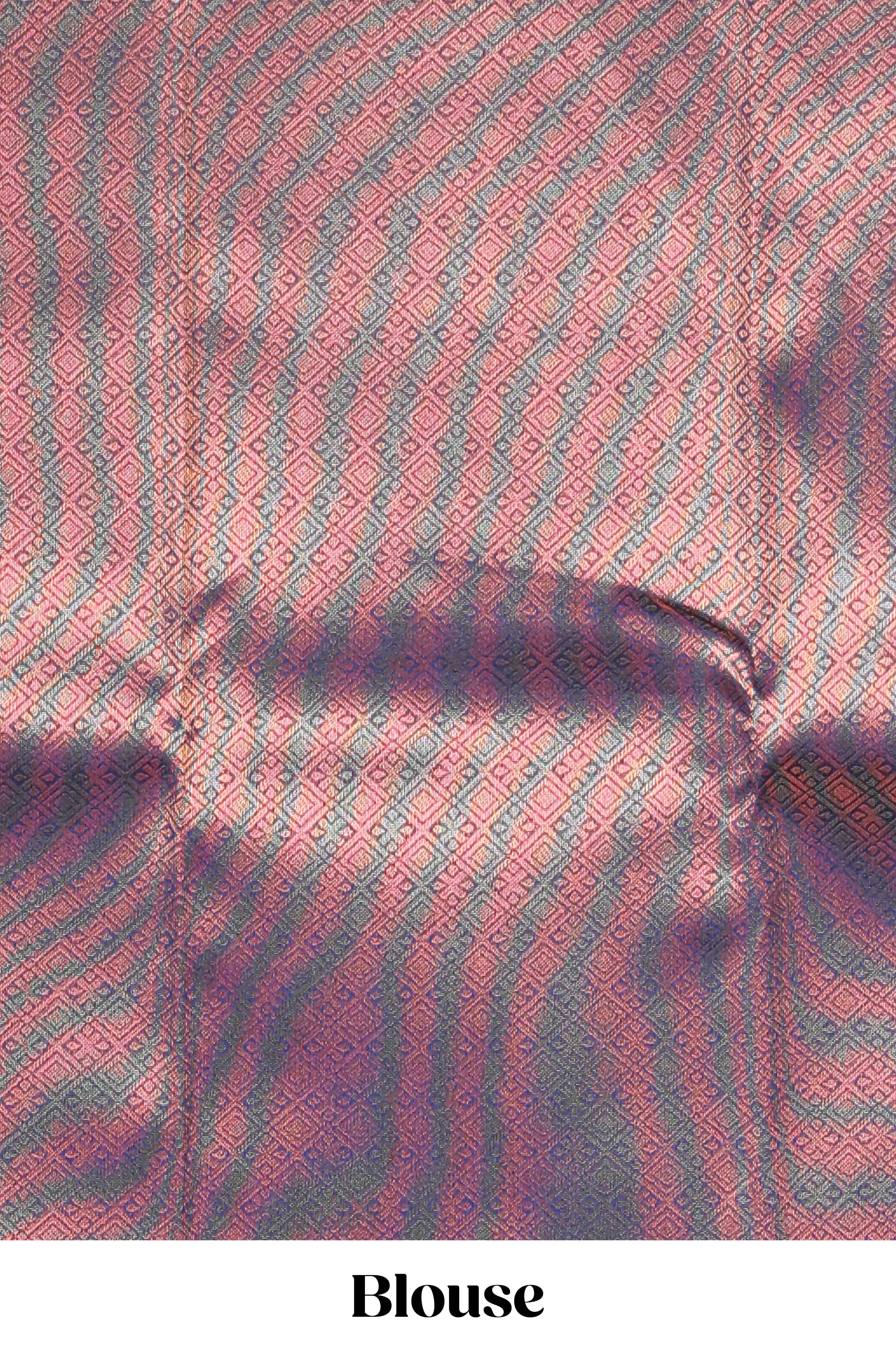 Lavender pink plain litchi silk saree with contrast multi color ikkat style border and blouse - Image 5