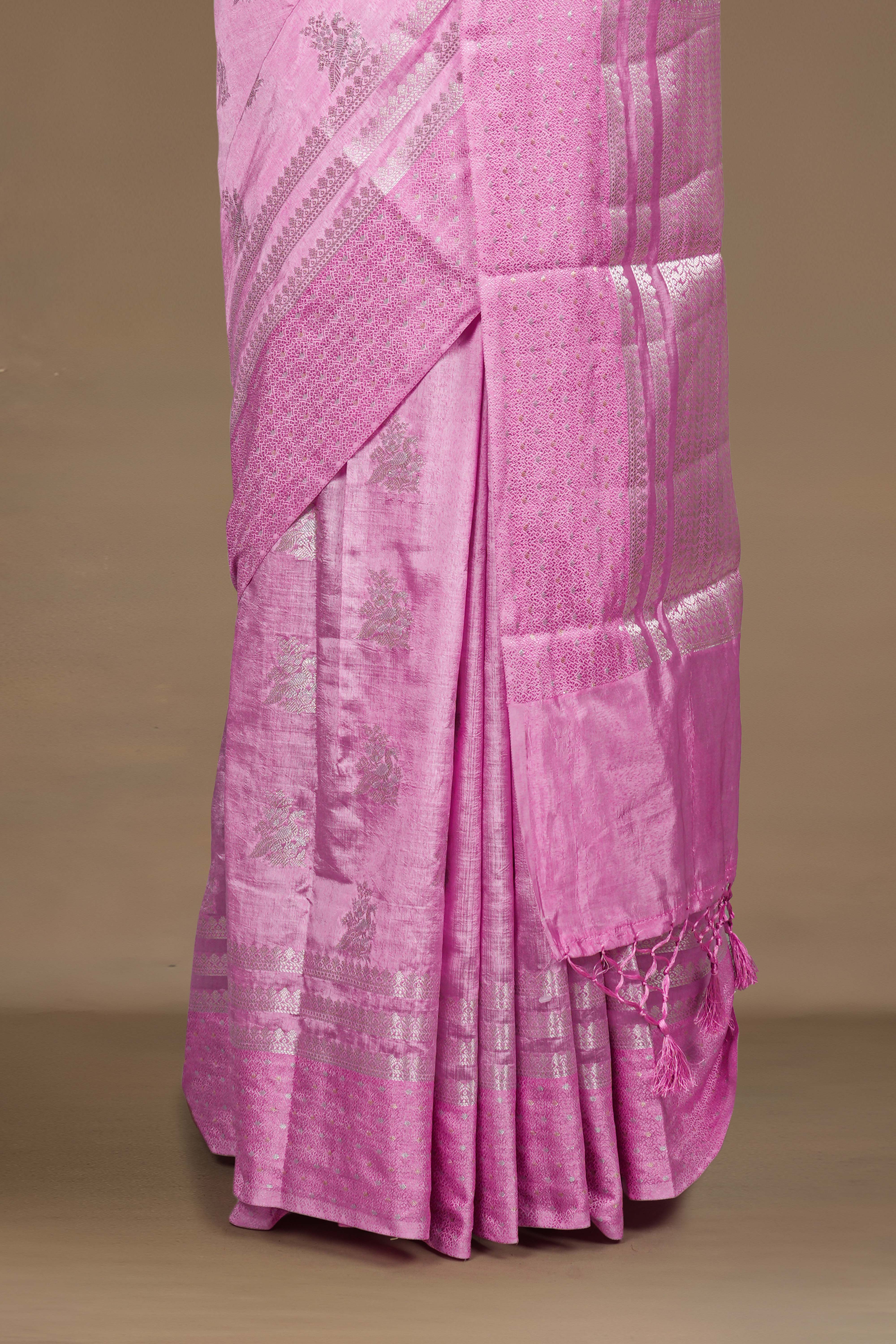 Lavender Raw Silk Saree Peacock Motifs&nbsp; In Silver Zari Across The Body Pallu With Elaborate Silver Zari Weaving In Floral Design With Blouse - Image 4