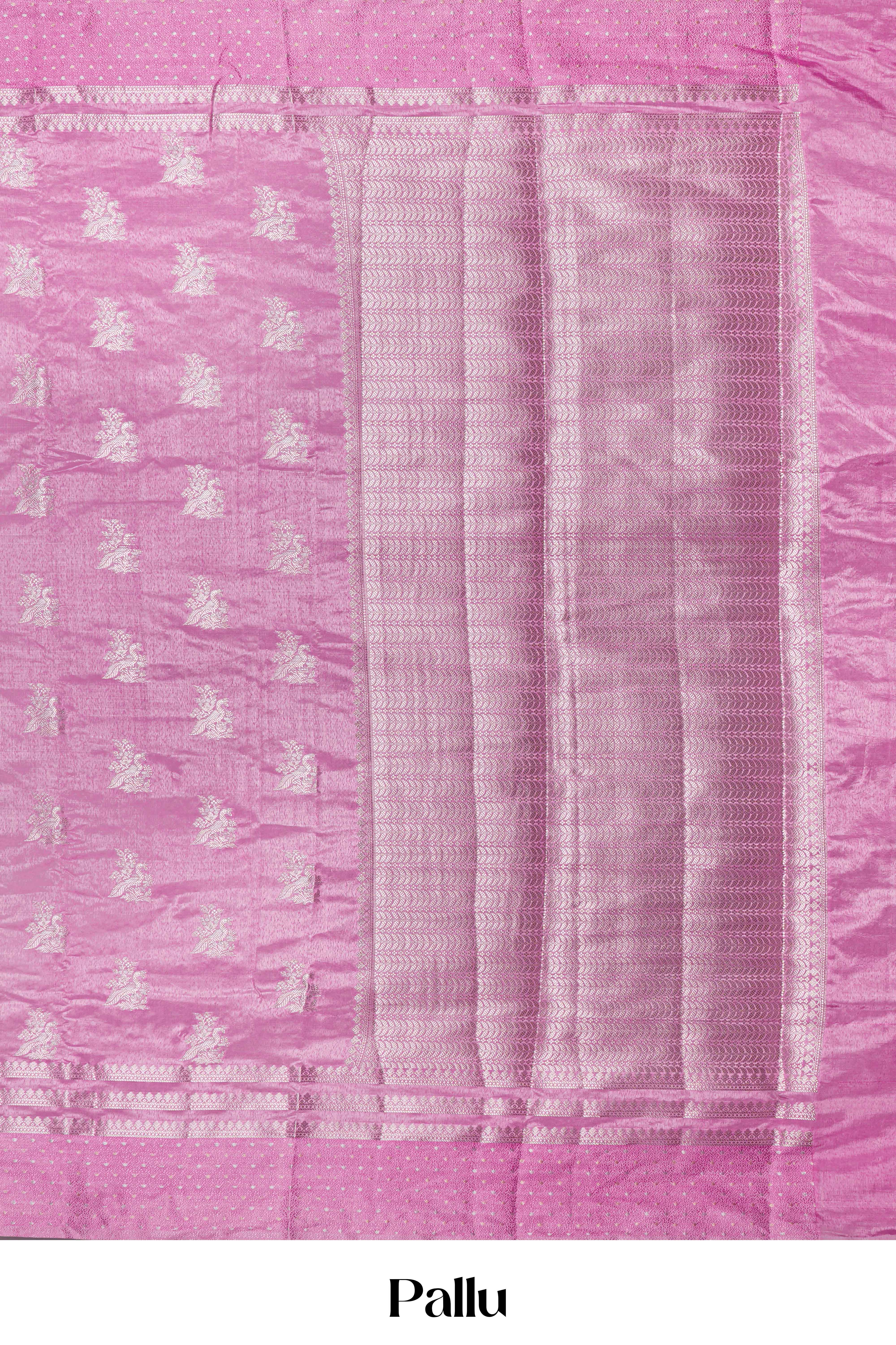 Lavender Raw Silk Saree Peacock Motifs&nbsp; In Silver Zari Across The Body Pallu With Elaborate Silver Zari Weaving In Floral Design With Blouse - Image 5