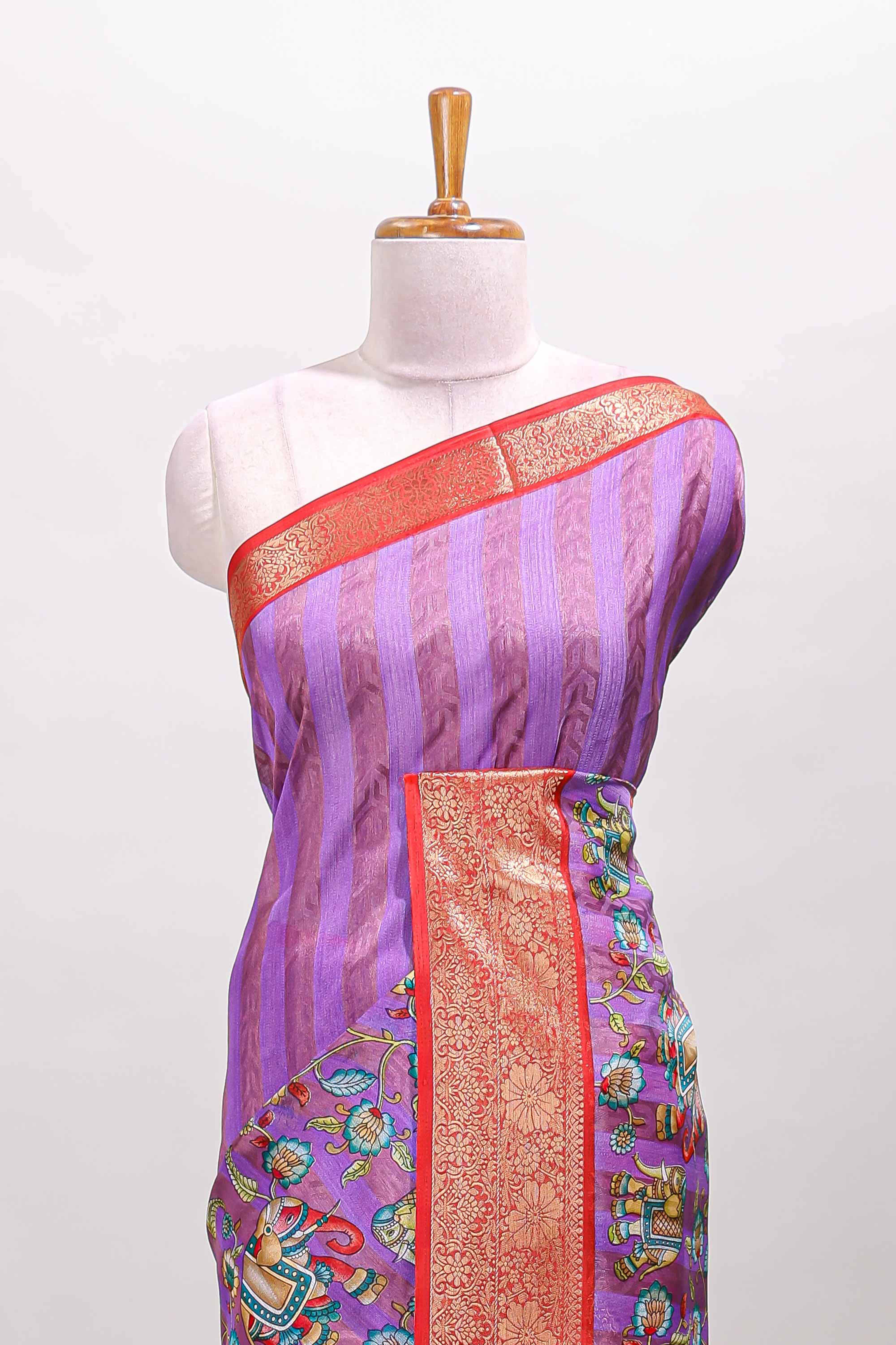 Lavender striped floral and elephant themed marsh georgette saree with contrast zari border and printed pallu - Image 3