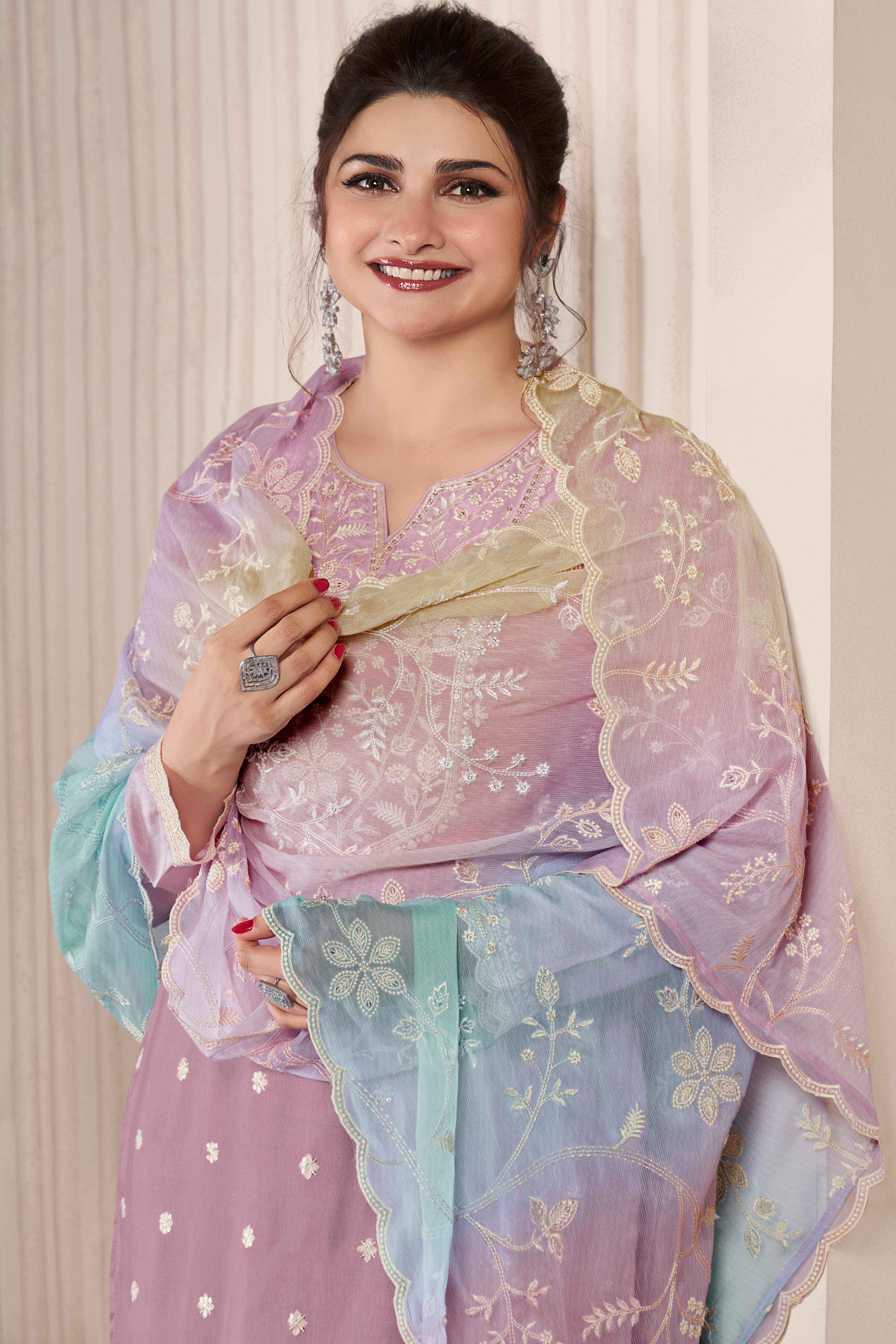 Lavender thread embroidered munga silk chudidhar material with printed chiffon dupatta - Image 3