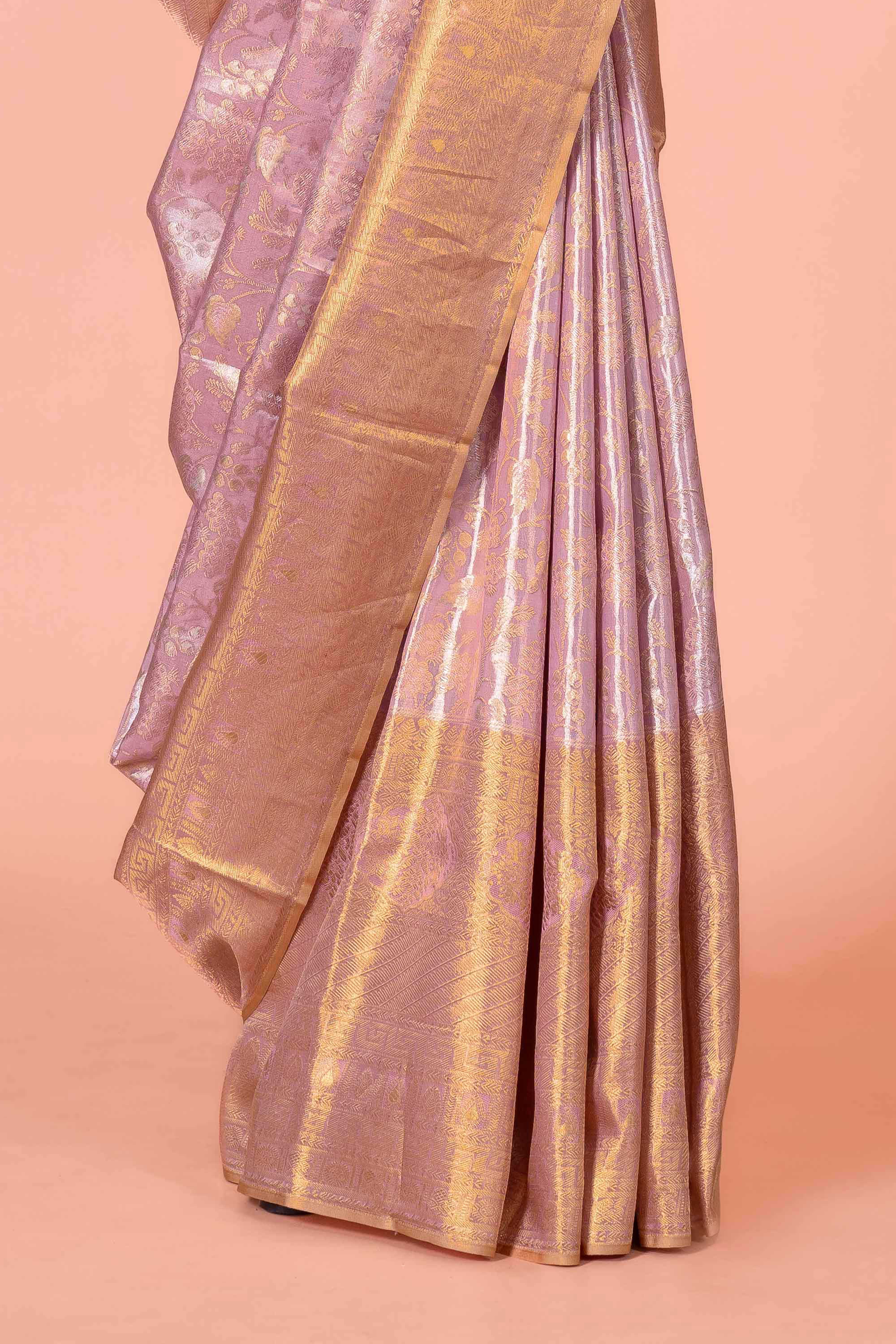 Lavender Tissue Kancheepuram Pattu With Gold Zari Border And Richly Woven Pallu - Image 3