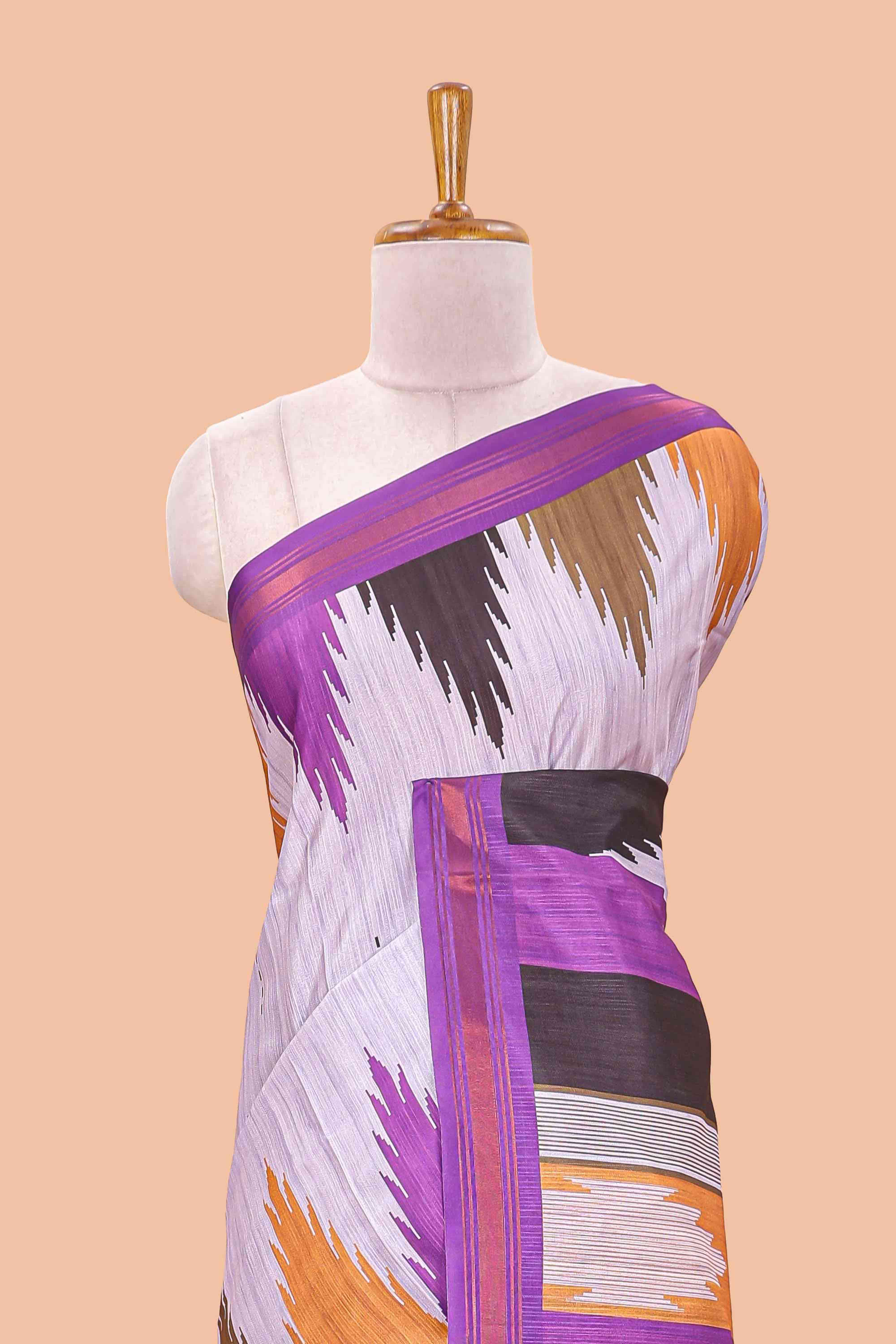 Lavender tussar silk saree with chevron ikkat design and geometrical zari border and pallu - Image 3