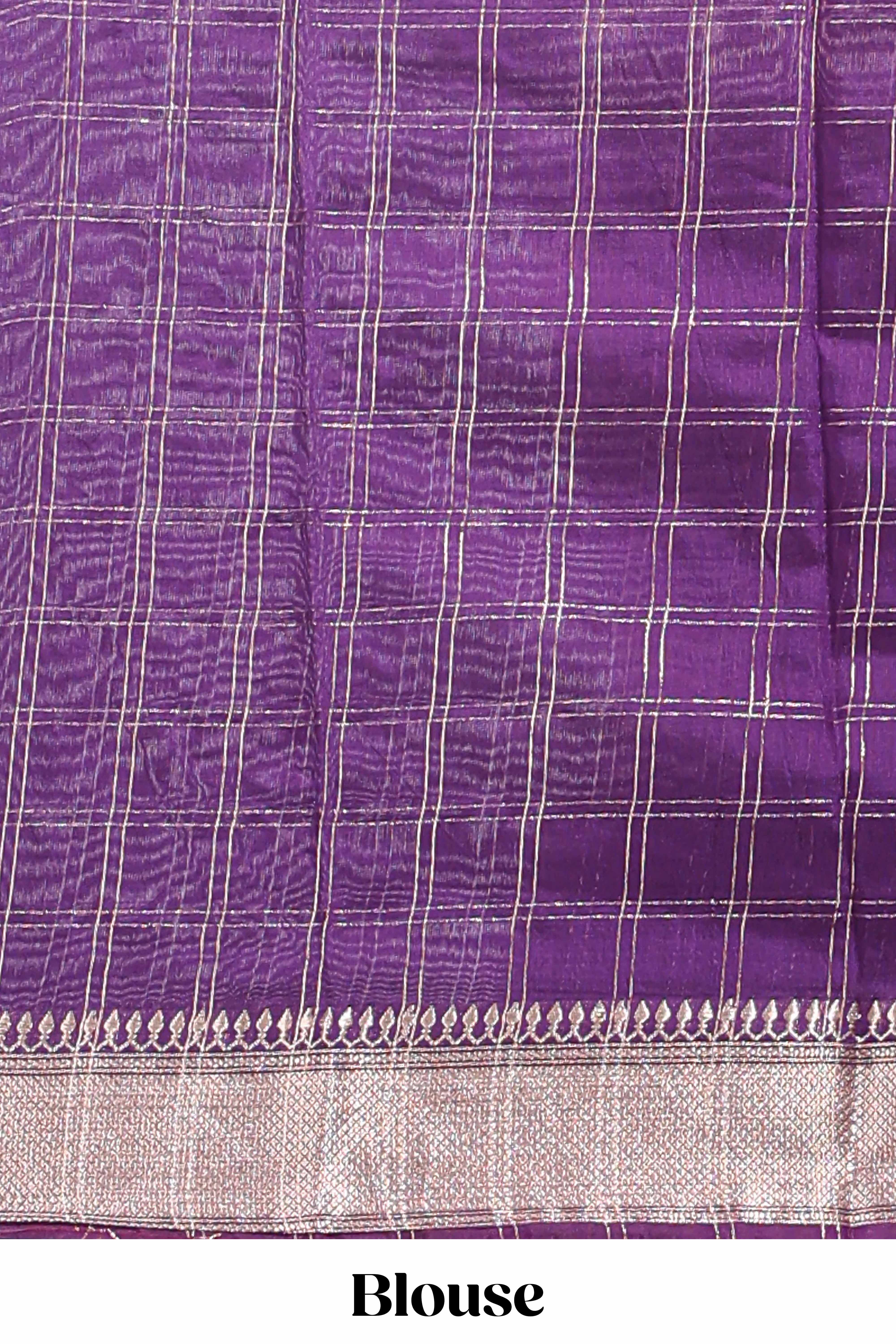 Lemon yellow checked semi banaras chiffon saree with self zari border and contrast blouse - Image 5