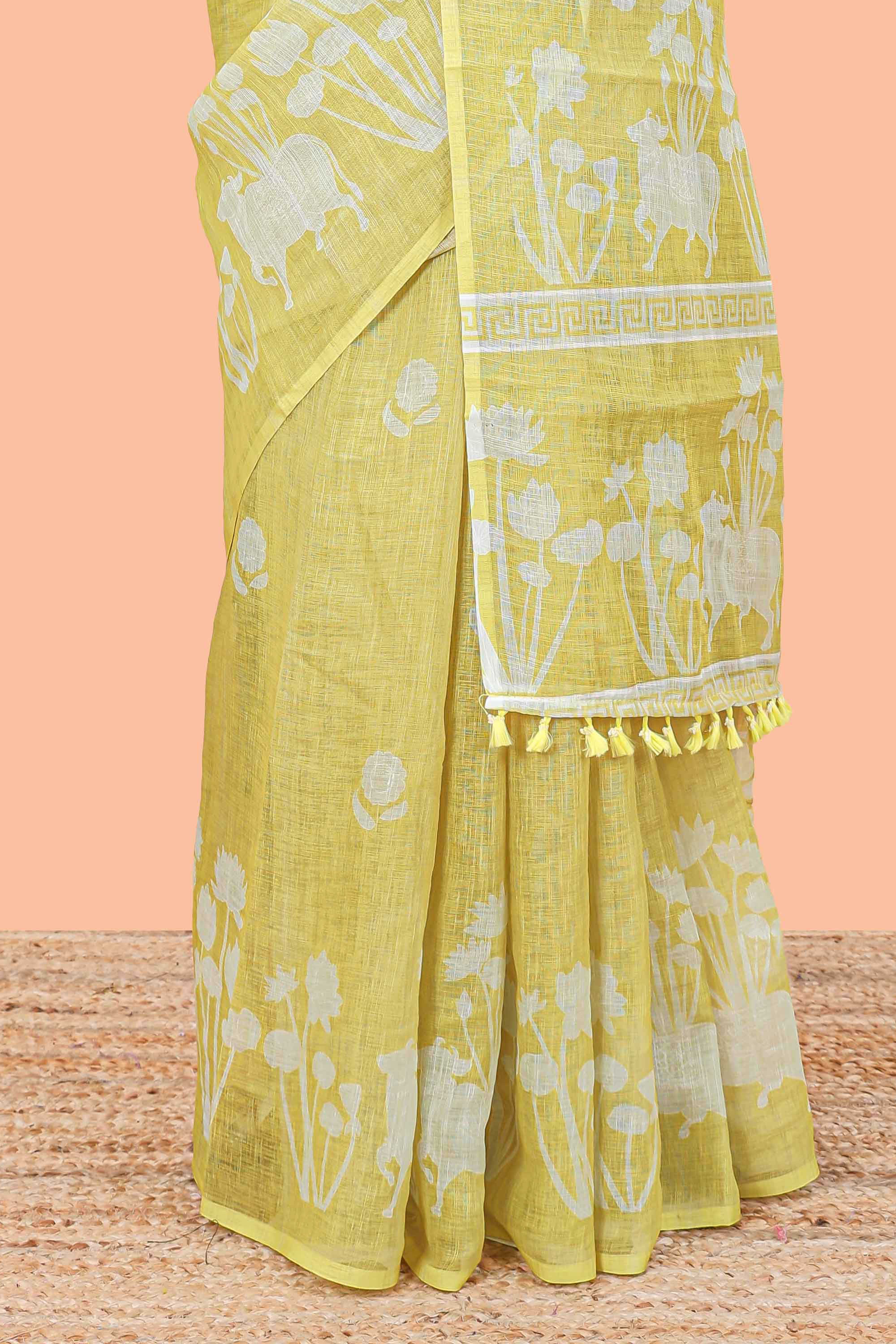 Lemon yellow Linen Cotton Body Flower Print With Border Pichwai and Lotus Flower Print and Printed Blouse - Image 4