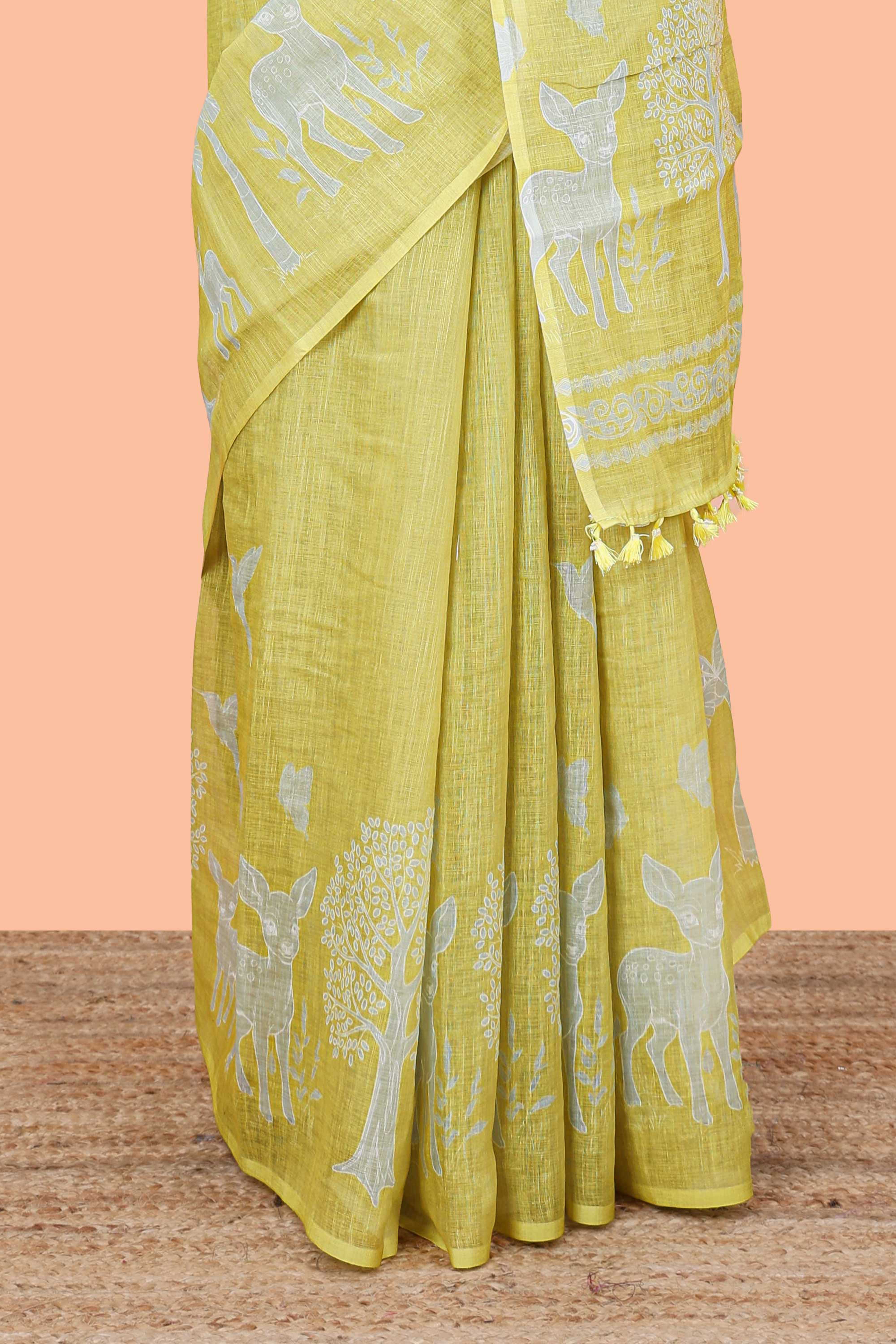 Lemon yellow forest birds and animals theme linen cotton saree with self palm tree border - Image 4