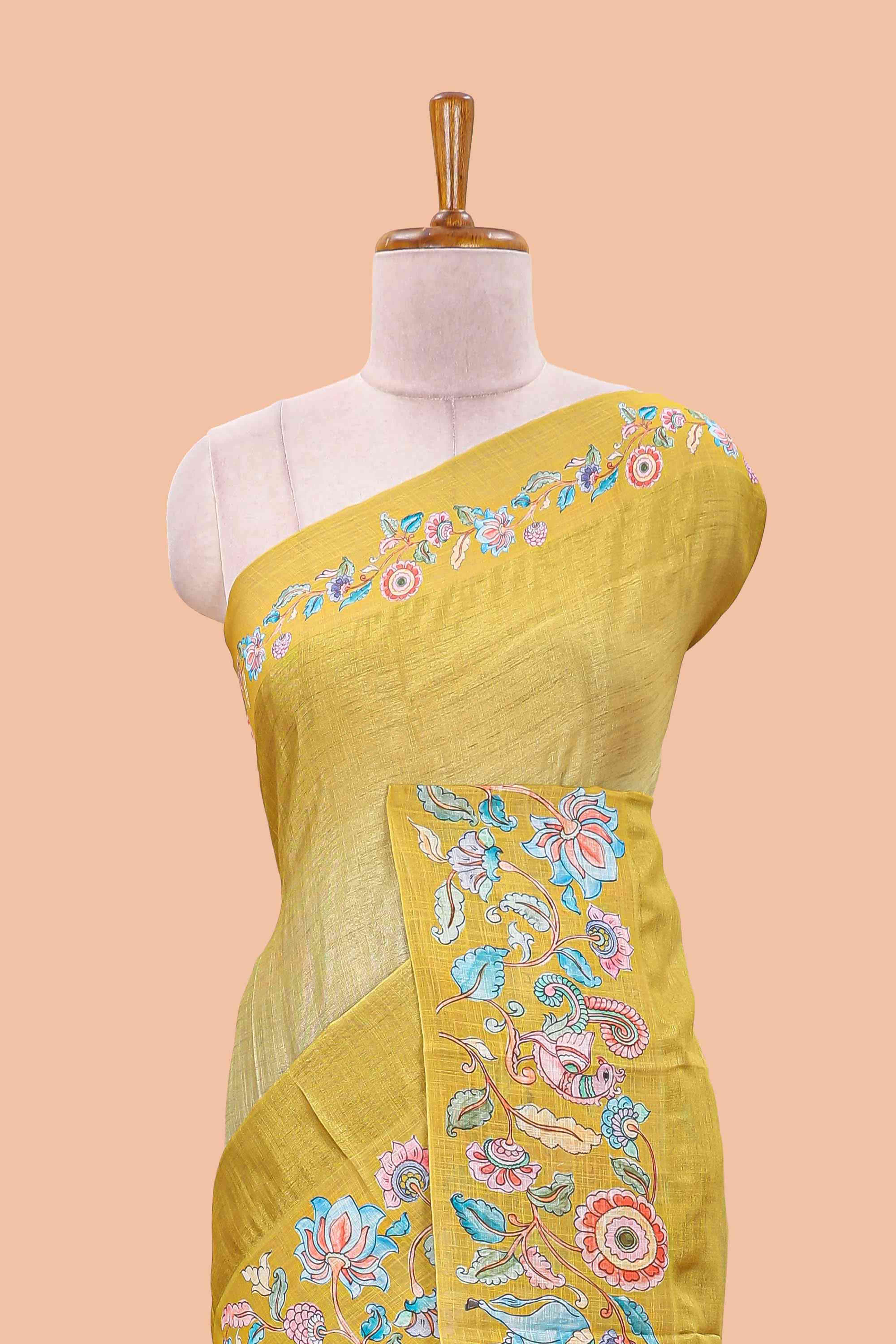 Lemon yellow linen tussar kalamkari style saree with animal floral border and pallu - Image 3