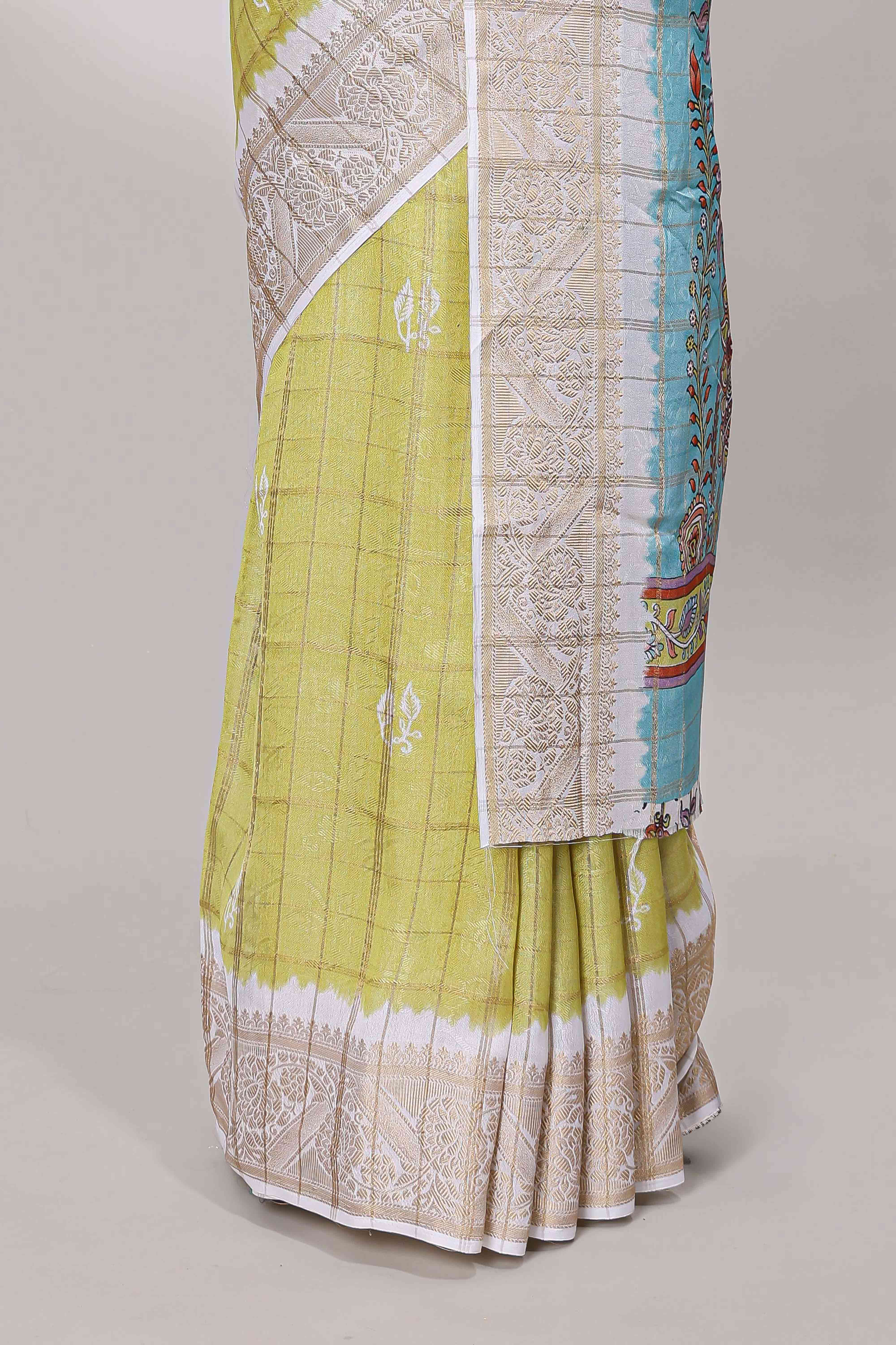 Lemon yellow marsh mellow saree with gold zari checks and contrast floral printed blouse - Image 4